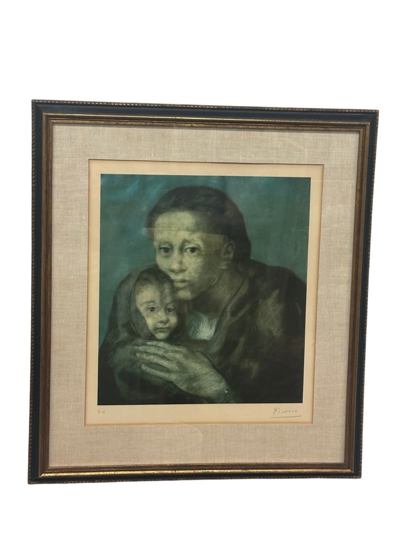 Pablo Picasso Lithograph "Mother & Child" Framed SIGNED: **OUT OF HOUSE SHIPPING Artist: Pablo Picasso (Spanish, 1881-1973) Title: "Mere et enfant au fichu (Mother and child with a scarf)," From the suite "Les Bleus de Barcelone."Edition Size: 29.5"L x 26"W