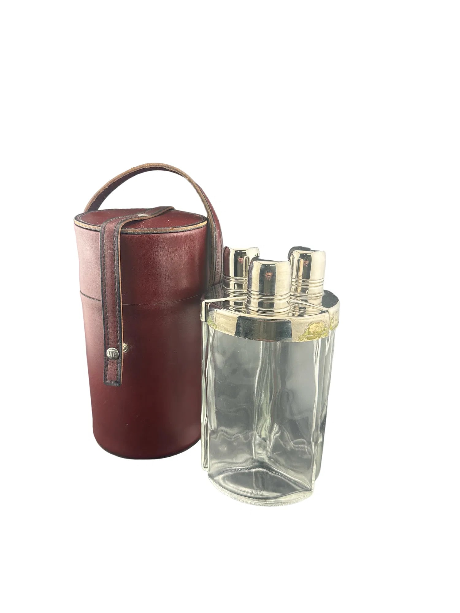 Vintage UTH German leather Triple Glass Flask Set, Burgundy Leather travel Carry Case with Strap: PLEASE READ: in house shipping within the US If you win this item, please select self arranged for in house shipping when paying invoice Vintage UTH German leather Triple Glass Flask Set, Burgundy Lea