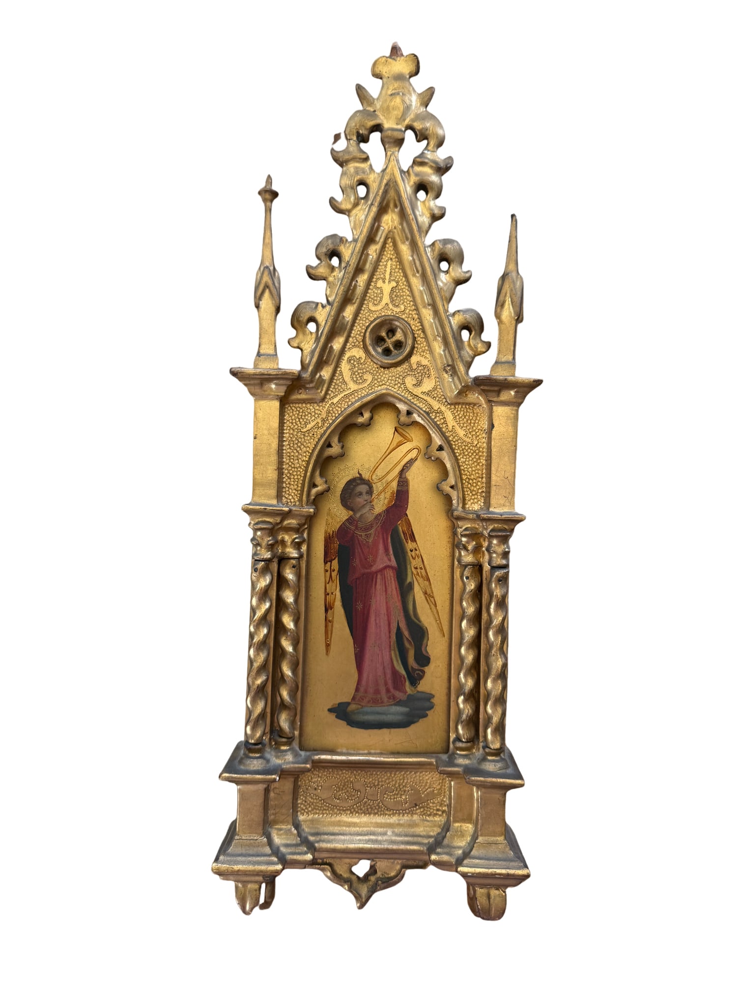 19th Century Italian Hand Carved and Hand Painted Gold Gilt Gothic Wooden Panel: **OUT OF HOUSE SHIPPING 19th Century Italian Hand Carved and Hand Painted Gold Gilt Gothic Wooden Panel 16"L x 5"W