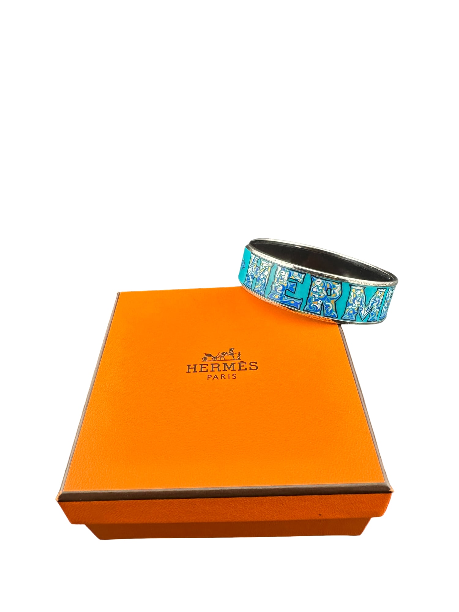 Hermès Logo Blue Enamel Bracelet: PLEASE READ: in house shipping within the US If you win this item, please select self arranged for in house shipping when paying invoice Hermès Logo Blue Enamel Bracelet roughly 7"