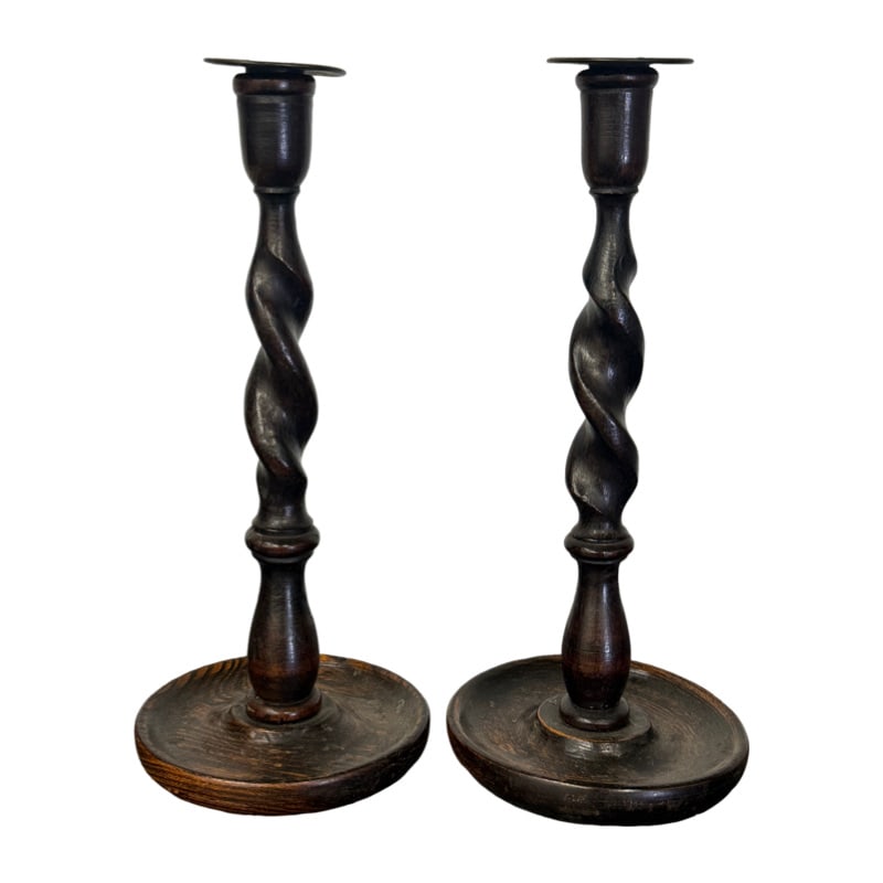 Antique / Vintage English Oak Barley Twist Candle Holders (1 of 5)