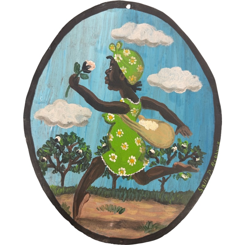 Folk Artist Sally/Sallie Roebuck Mother of Richard E Roebuck Painting on Metal 1974: PLEASE READ: In house shipping within the US If you win this item, please select self arranged for in house shipping when paying invoice Sallie Pearl Roebuck was a folk artist who taught her son, note