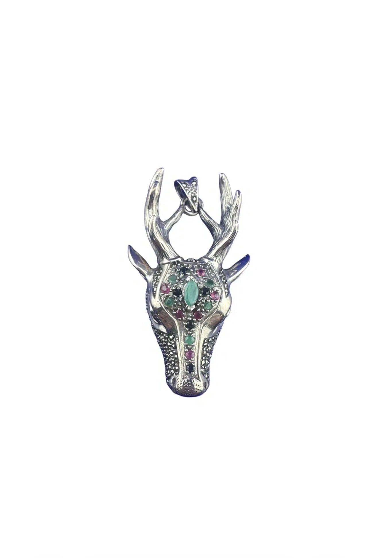 Sterling Silver Deer Head Pendant with Jade, Sapphire, and Ruby Stones: PLEASE READ: in house shipping within the US If you win this item, please select self arranged for in house shipping when paying invoice Sterling Silver Deer Head Pendant with Jade, Sapphire, and Ruby