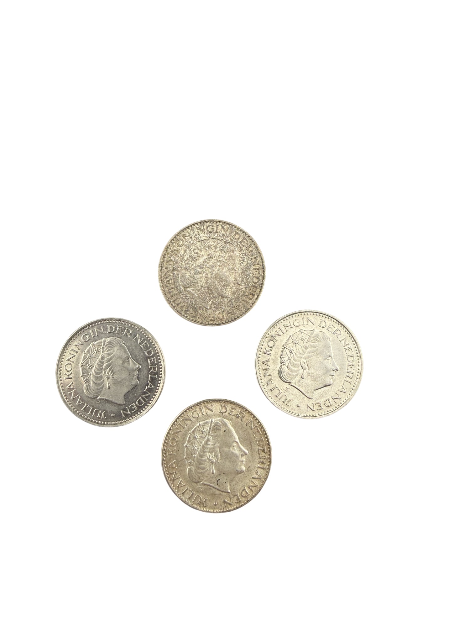 Lot of 4 Netherlands Queen Juliana Silver Gulden Coins: PLEASE READ: in house shipping within the US If you win this item, please select self arranged for in house shipping when paying invoice Lot of 4 Netherlands Queen Juliana Silver Gulden Coins 24.8 gra