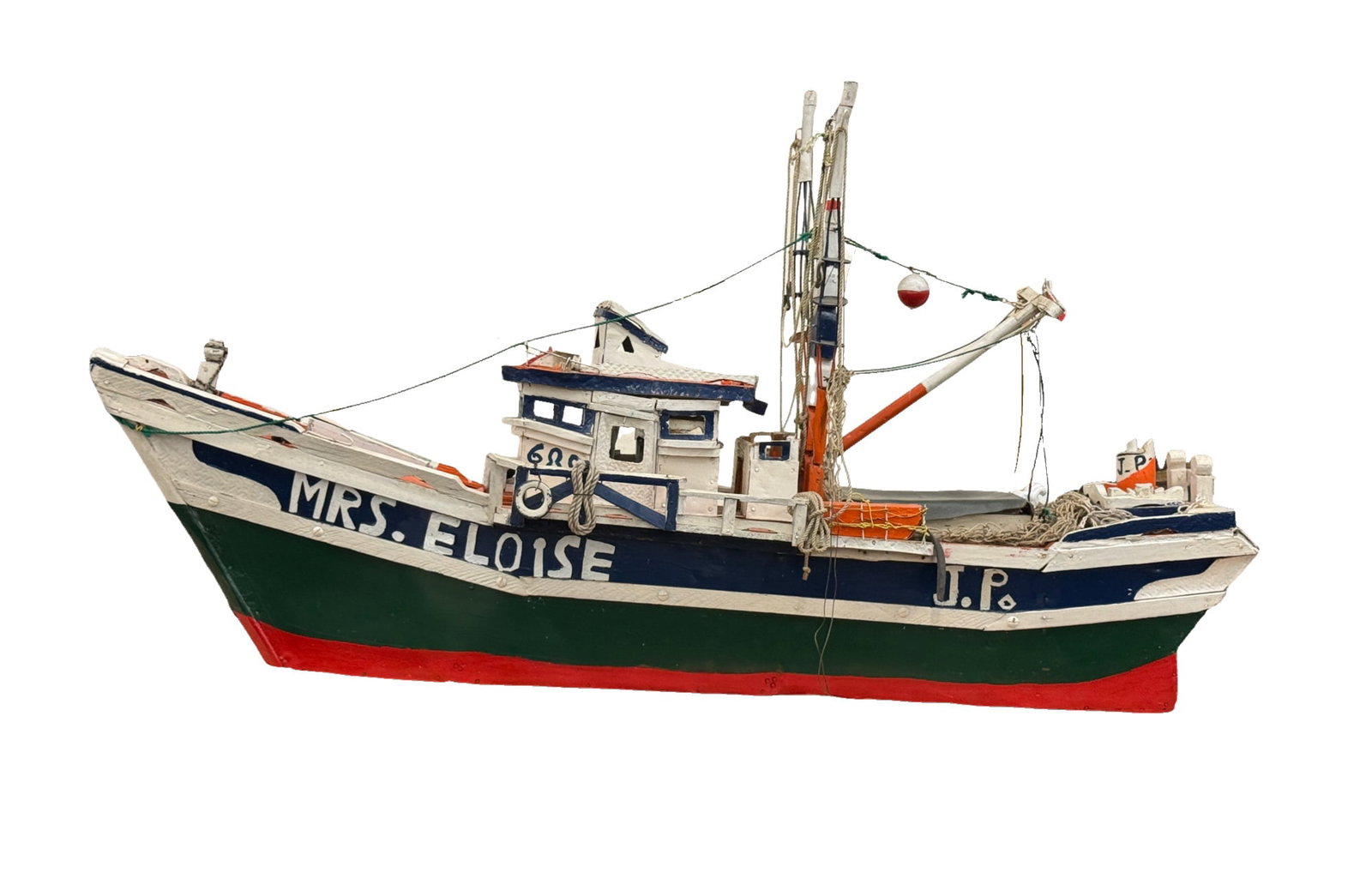 J.P. Scott Mrs. Eloise Large Handmade Boat: **OUT OF HOUSE SHIPPING Louisiana Artist J.P. Scott Mrs. Eloise Large Handmade Boat Labeled #689 and signed JP about 50"L x 26"H