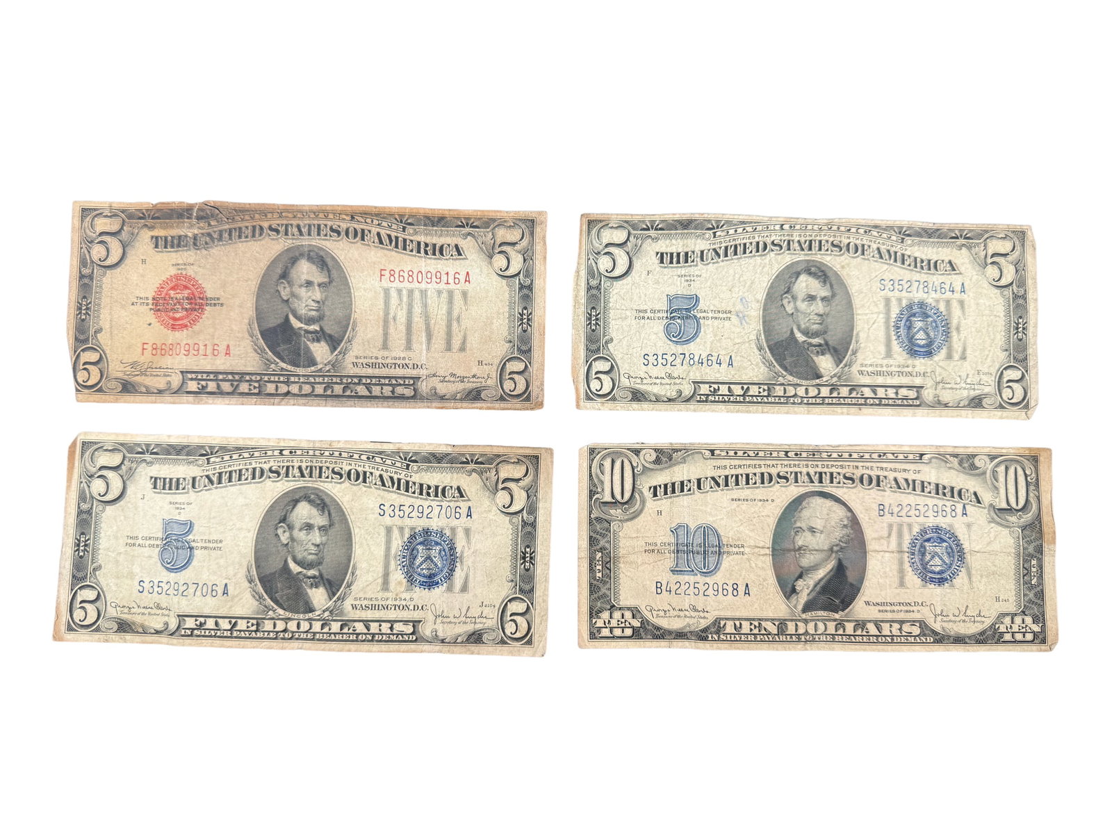 Series 1934 $5s and $10 Silver Certificate Notes & 1928 Red Seal $5 Note (1 of 6)