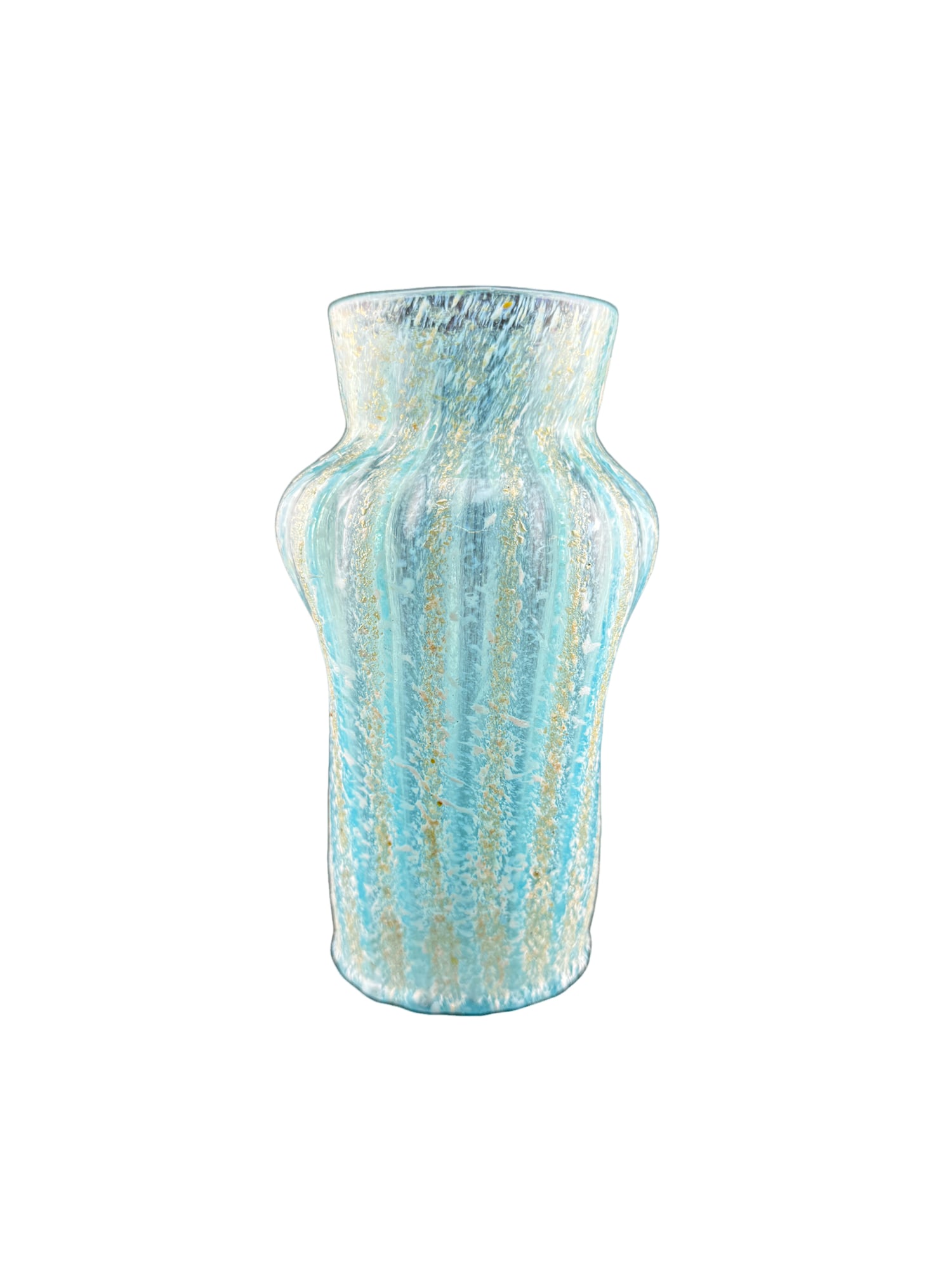 Dugan Pompeian Pinched Glass Blue Vase: PLEASE READ: in house shipping within the US If you win this item, please select self arranged for in house shipping when paying invoice Dugan Pompeian Pinched Glass Blue Vase 6"H