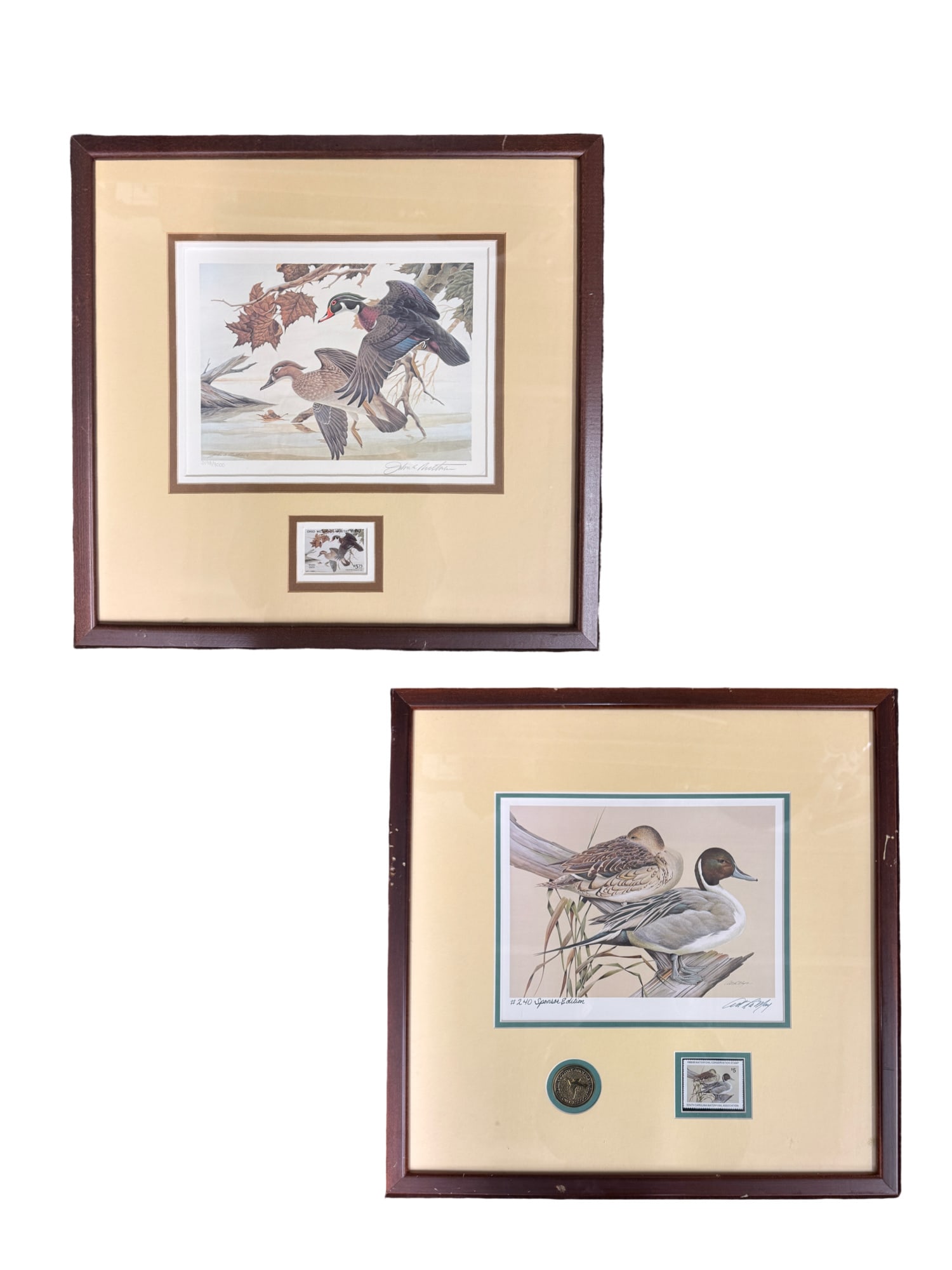 Set of 2 Duck Limited Signed Stamp Prints by Art LaMay and John Ruthven: **OUT OF HOUSE SHIPPING Set of 2 Duck Limited Signed Prints by Art LaMay and John Ruthven Both display conservation stamps and one displays a coin Stamps from South Carolina and Ohio 18" x 18"