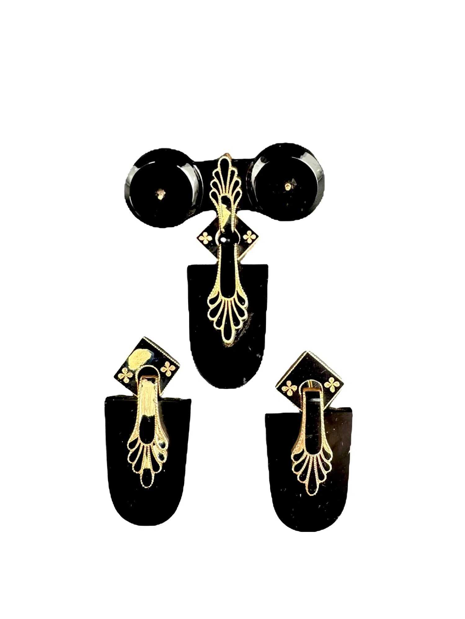 Victorian 14k Gold, Onyx & Enamel Mourning Brooch & Earrings Parure: PLEASE READ: in house shipping within the US If you win this item, please select self arranged for in house shipping when paying invoice Victorian 14k Gold, Onyx & Enamel Mourning Brooch & Earrings Pa