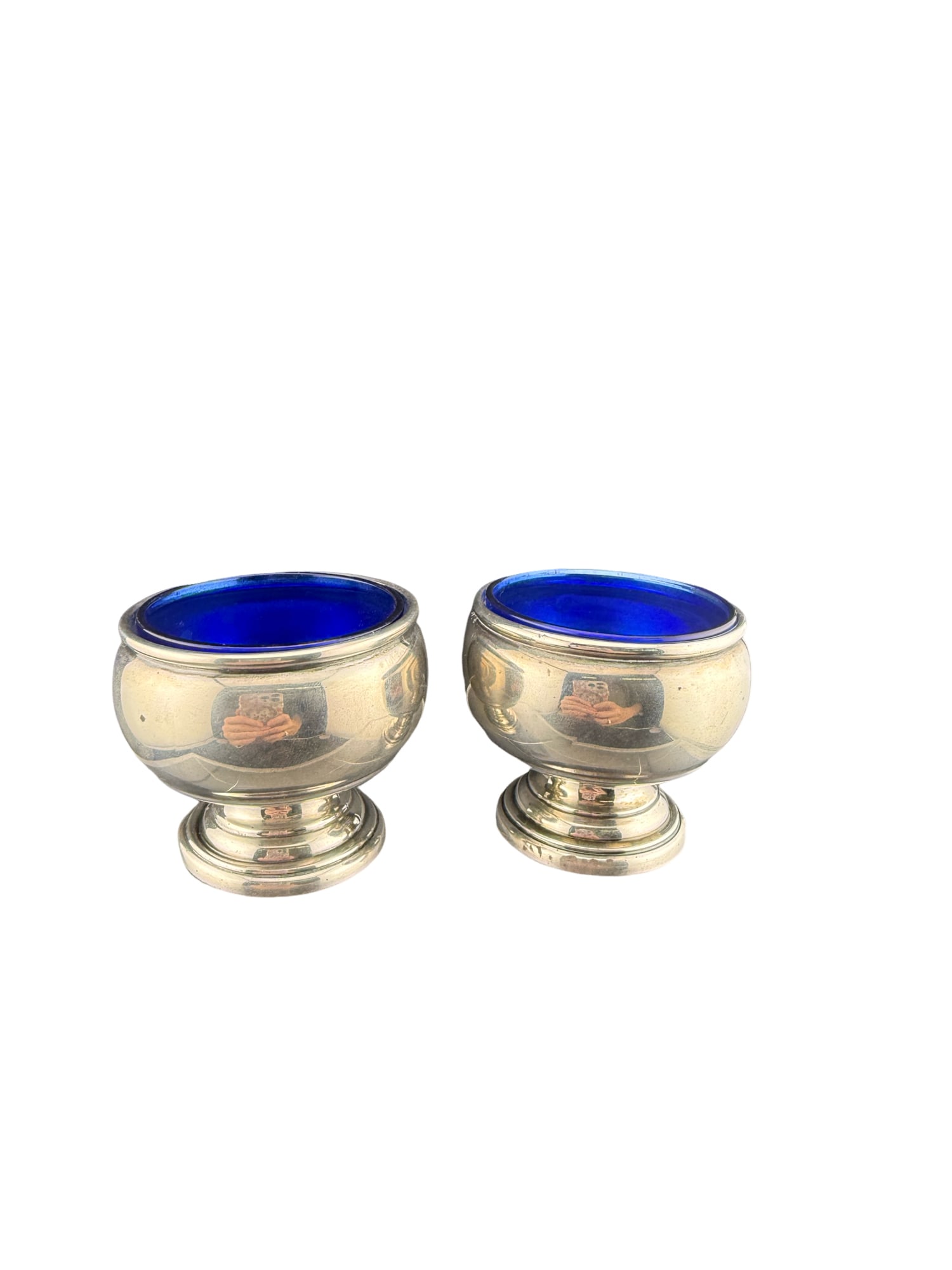 Sterling Silver Cobalt Blue Salt Cellars: PLEASE READ: in house shipping within the US If you win this item, please select self arranged for in house shipping when paying invoice Sterling Silver Cobalt Blue Salt Cellars 42 grams (sterling onl