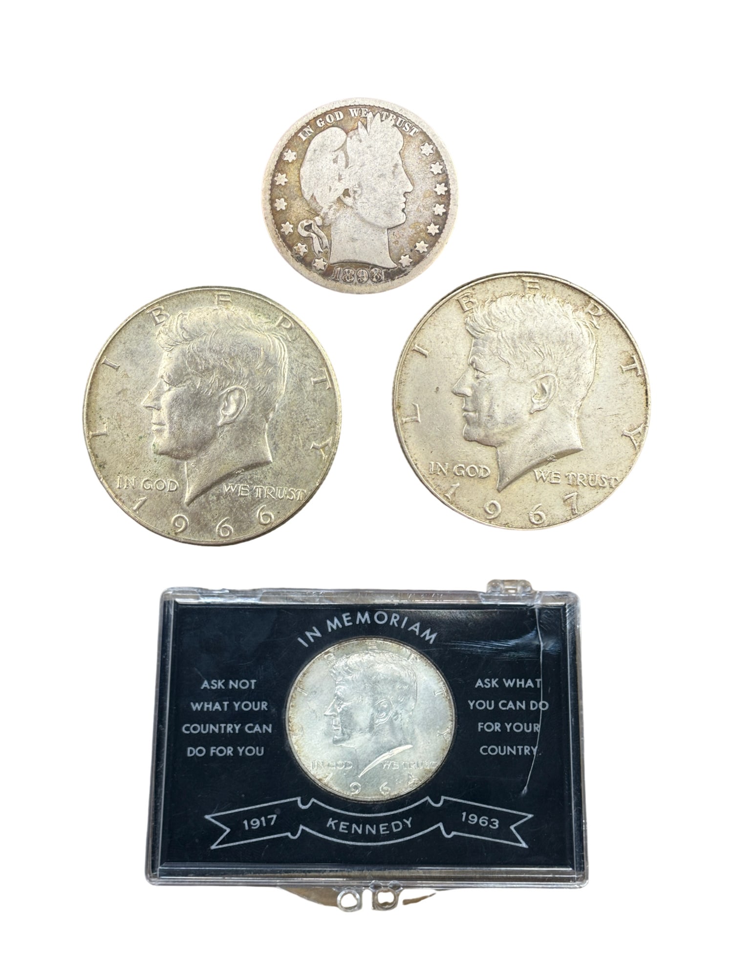 Three Kennedy Half Dollars (1964, 1966 and1967) and One US Barber Half Dollar 1898 (1 of 4)