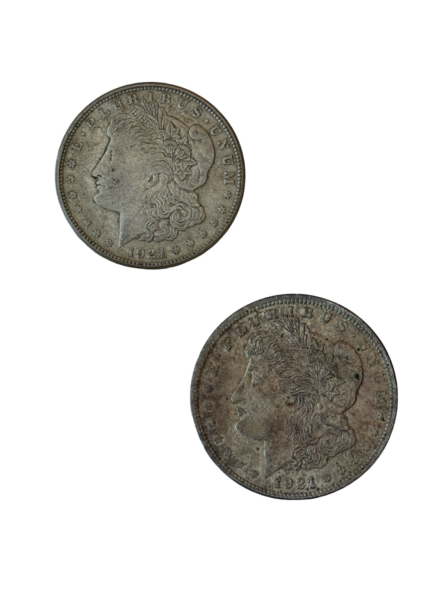 Two 1921 Morgan Sterling Silver Half Dollars - S Mint and Philadelphia Mint: PLEASE READ: In house shipping within the US. If you win this item, please select self arranged for in house shipping when paying invoice Two 1921 Morgan Silver Half Dollars - S Mint and Philadelphia 