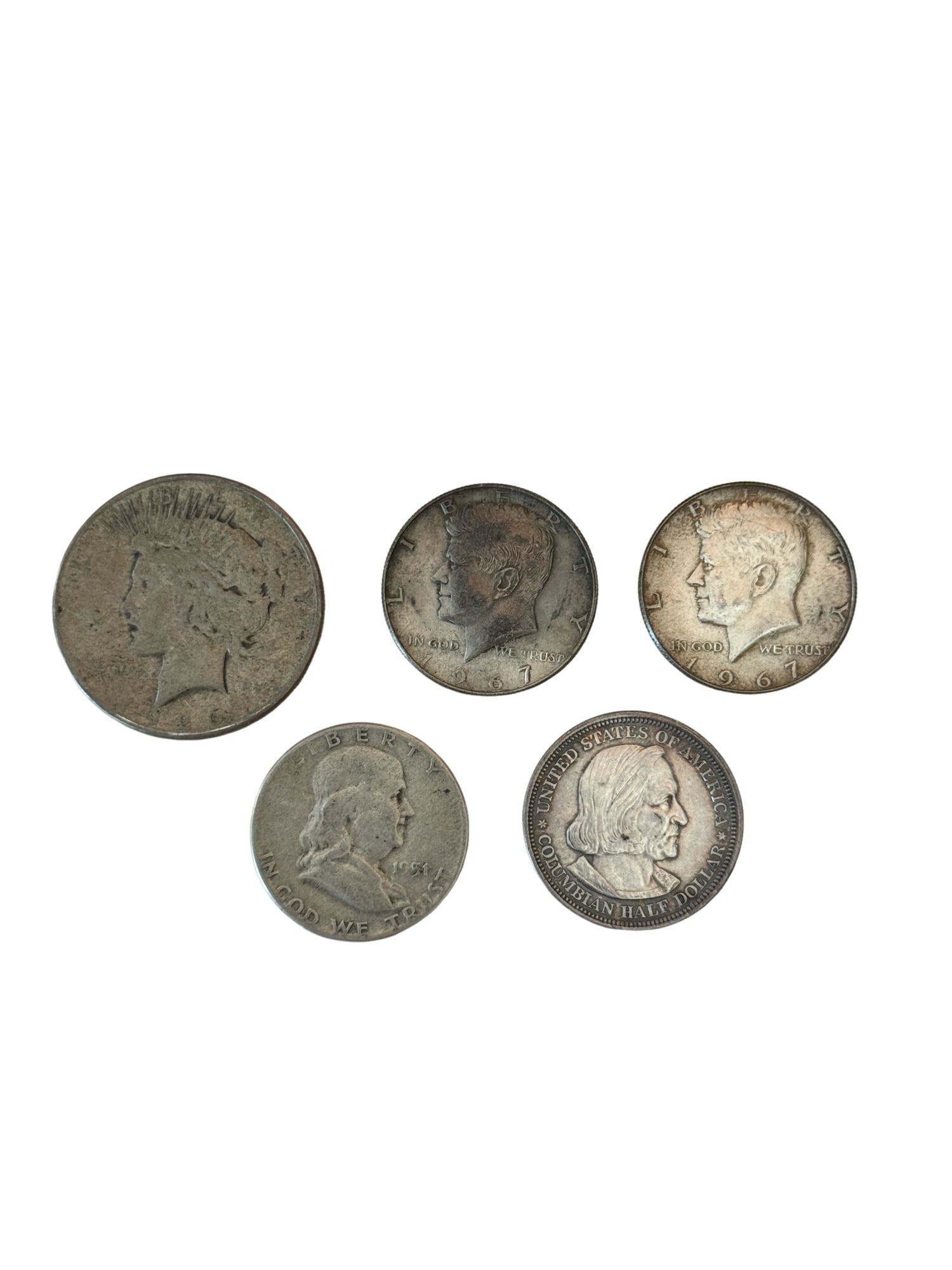 Lot of Silver Coins - Columbian Exposition, Kennedy, Benjamin Franklin Half Dollar, and Peace Dollar (1 of 10)