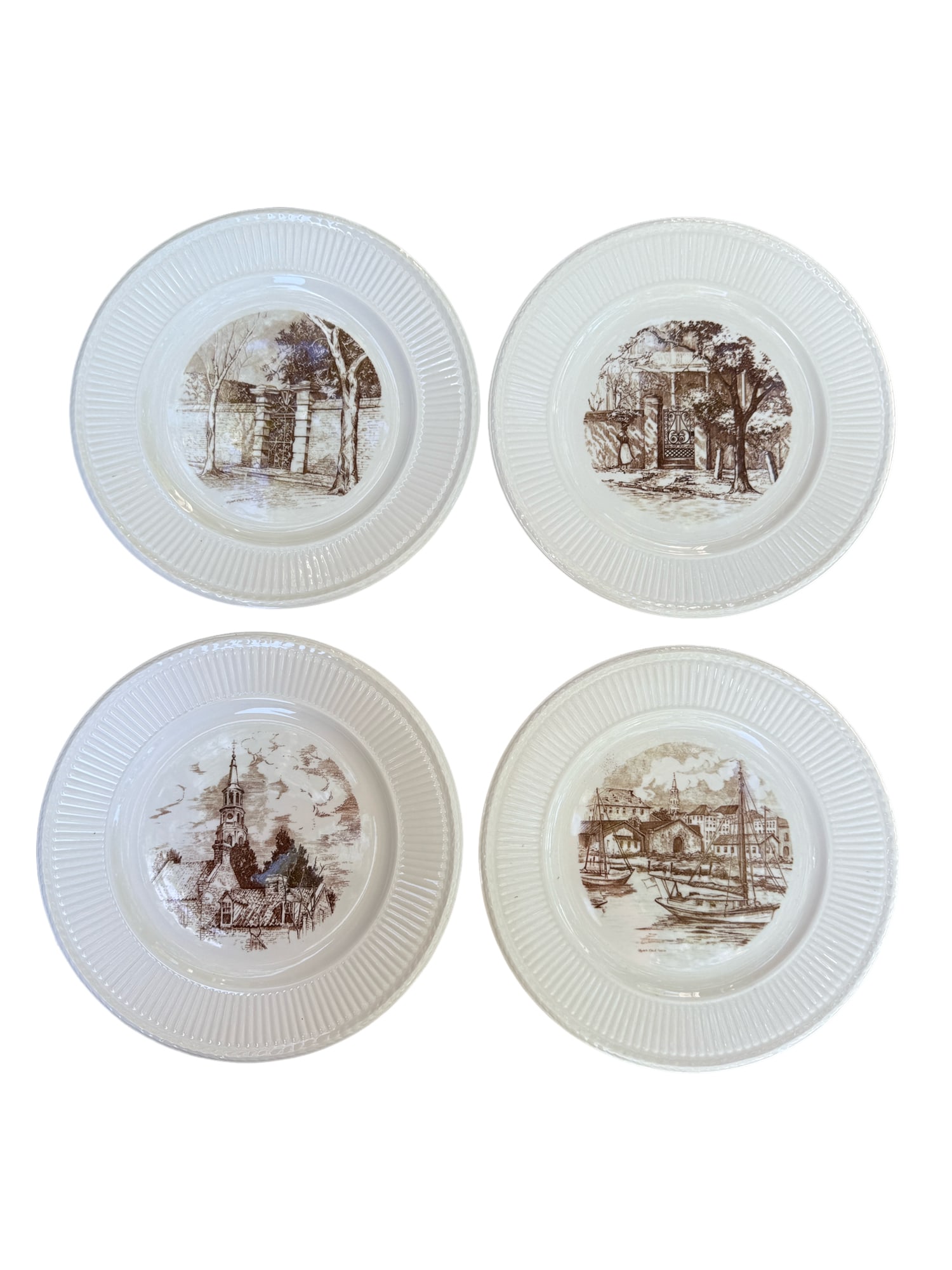 Set of 4 Wedgwood Charleston Plates by Elizabeth O'Neill Verner - Charleston Estate: ***OUT OF HOUSE SHIPPING Set of 4 Wedgwood Charleston Plates by Elizabeth O'Neill Verner 10" This lot includes "The Sword Gates" , "The Marshall Gate, Church Street" , "Water Front" , and "St. Michael