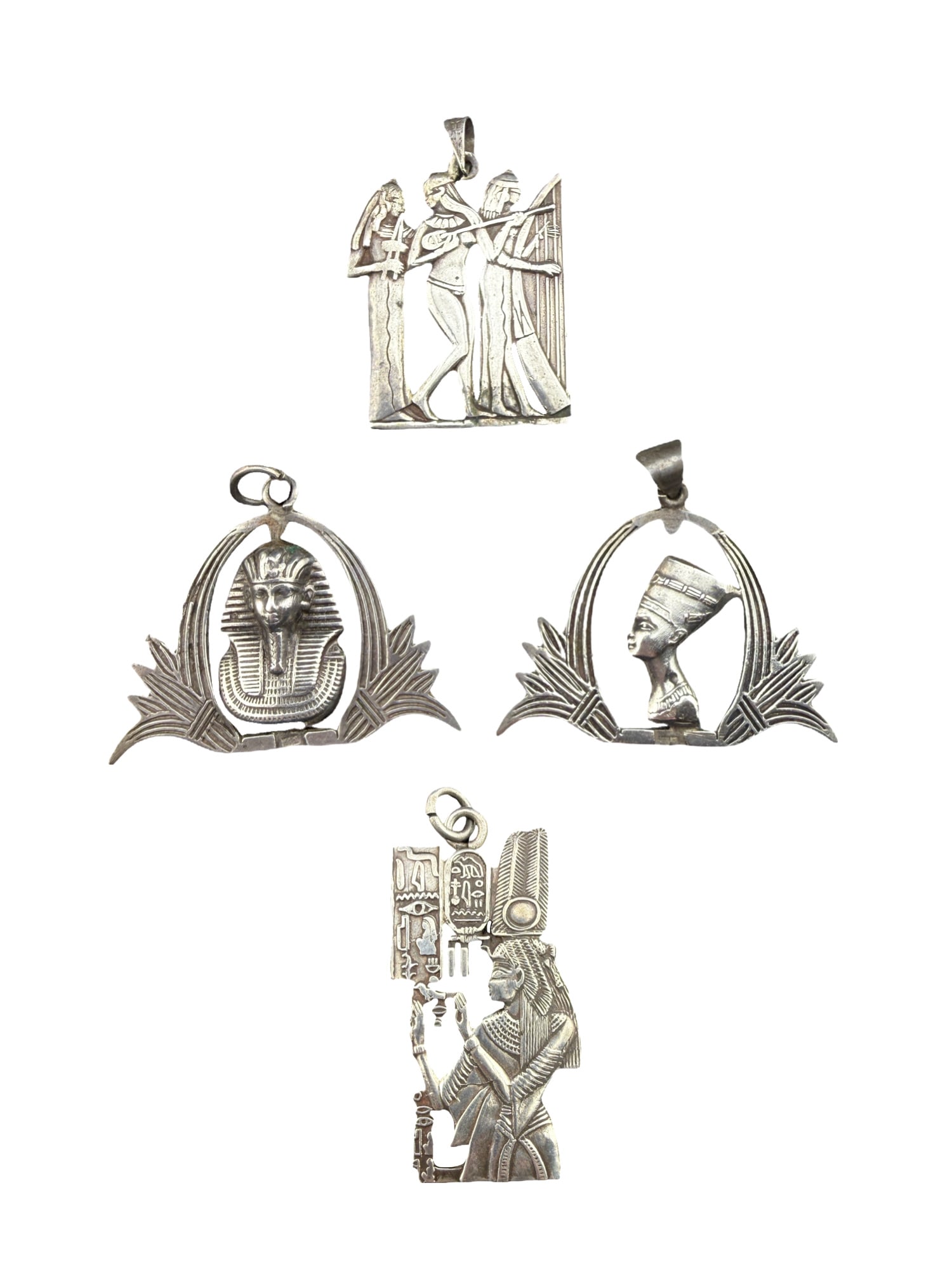 Lot of Sterling Silver Egyptian Pendants - Nefertiti, King Tut, Cleopatra and Priestesses: PLEASE READ: in house shipping within the US If you win this item, please select self arranged for in house shipping when paying invoice Lot of Sterling Silver Egyptian Pendants - Nefertiti, King Tut,