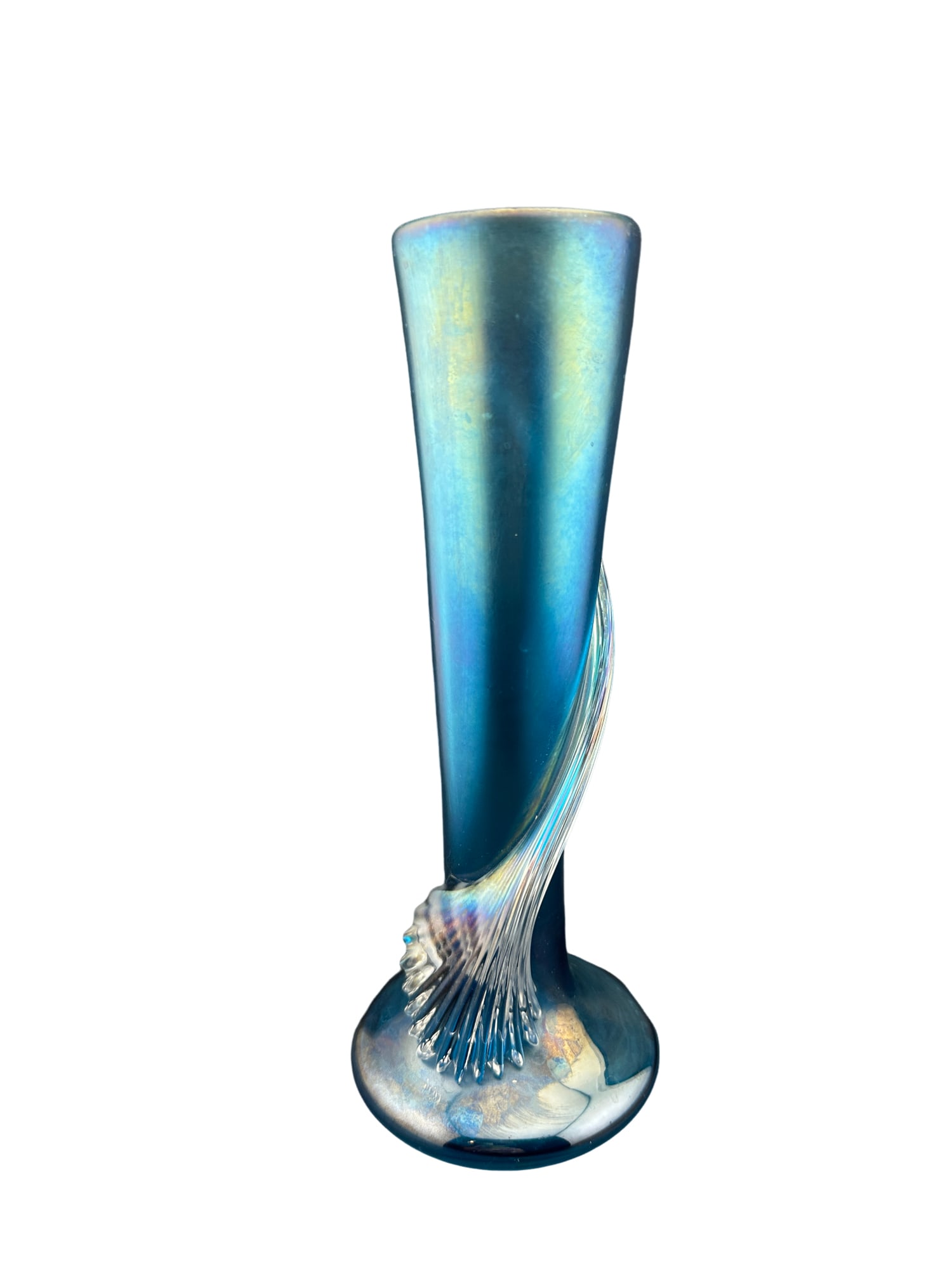Zellique Studios Blue Iridescent Art Glass Vase: PLEASE READ:In house shipping within the US.If you win this item, please select self arranged for in house shipping when paying invoice Zellique StudiosBlue Iridescent Art Glass Vase 9.5"hx3.5Lbase
