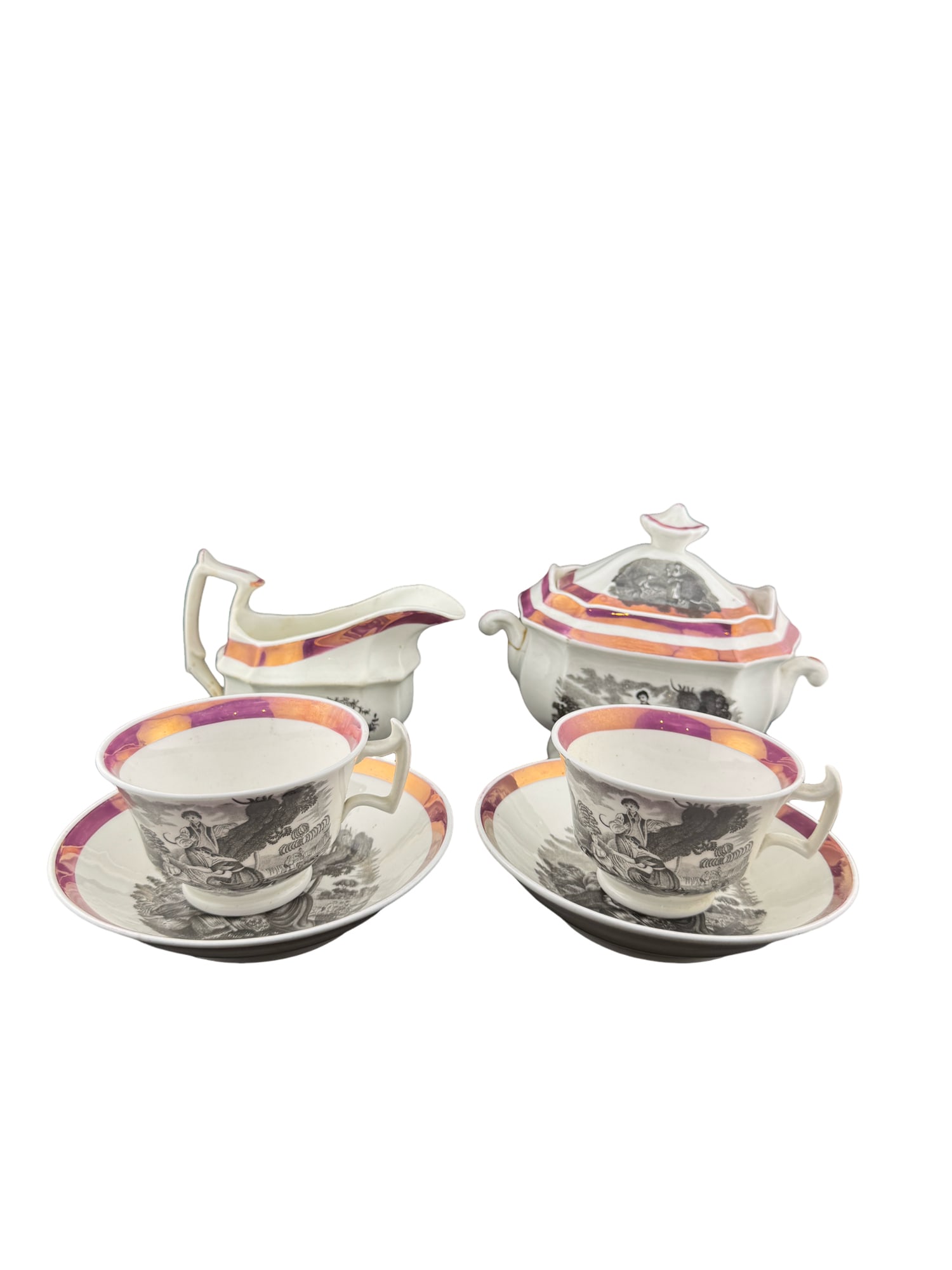 Antique Pink Luster Porcelain Teacups, Saucers, Creamer, and Sugar Bowl: **OUT OF HOUSE SHIPPING Antique Pink Luster Porcelain Teacups, Saucers, Creamer, and Sugar Bowl Teacups: 2.5"H x 3.5"W Saucer: 5.5"W Sugar Bowl: about 6"H x 7"W Creamer: 4"H x 5.5"W