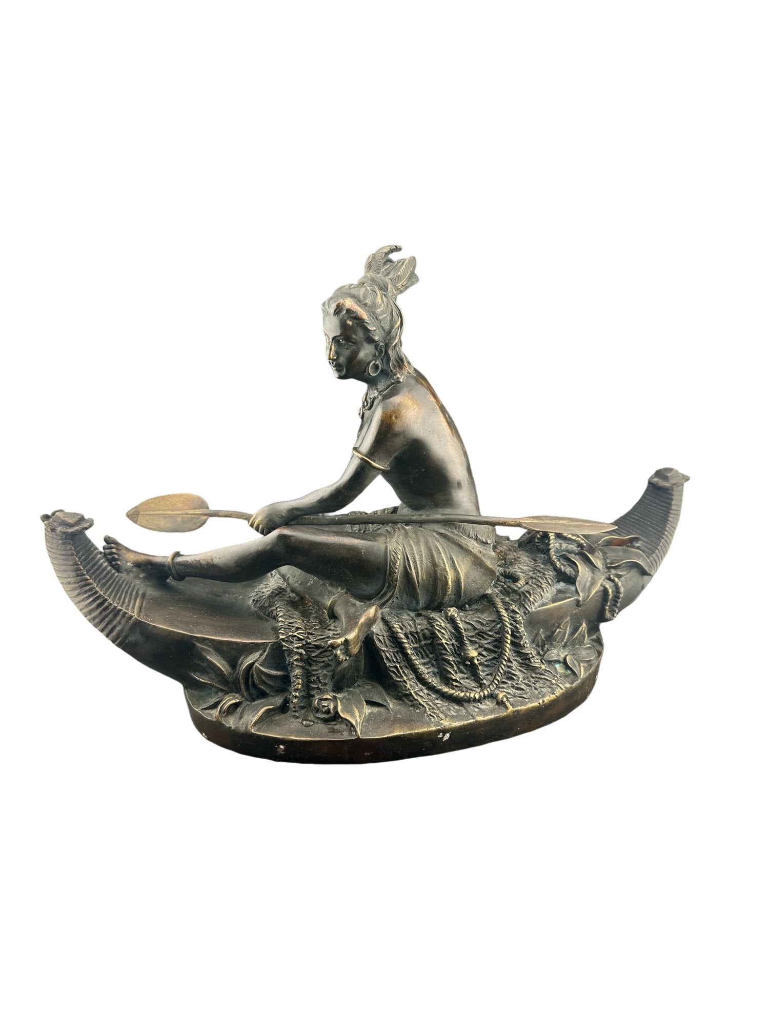 Duchoiselle, Allegory of Fishing, a Native American: Artist: Duchoiselle, After, French ()Title: Allegory of Fishing, a Native American Indian Medium: Bronze Sculpture, signature inscribed Size:10"hx15.5"lx7"w