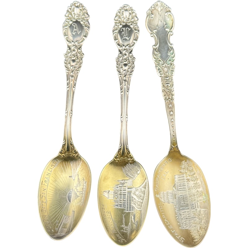 Three Sterling California Souvenir Spoons - State Capitol, Golden Gate, Cliff House (1 of 4)