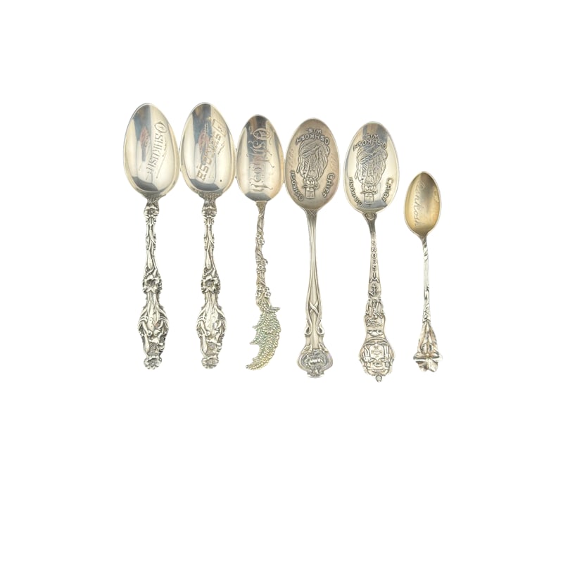 Lot of Sterling Silver Oshkosh Souvenir Spoons: PLEASE READ: in house shipping within the US If you win this item, please select self arranged for in house shipping when paying invoice longest : 5.5" shortest: 4" total grams: 99.7 grams