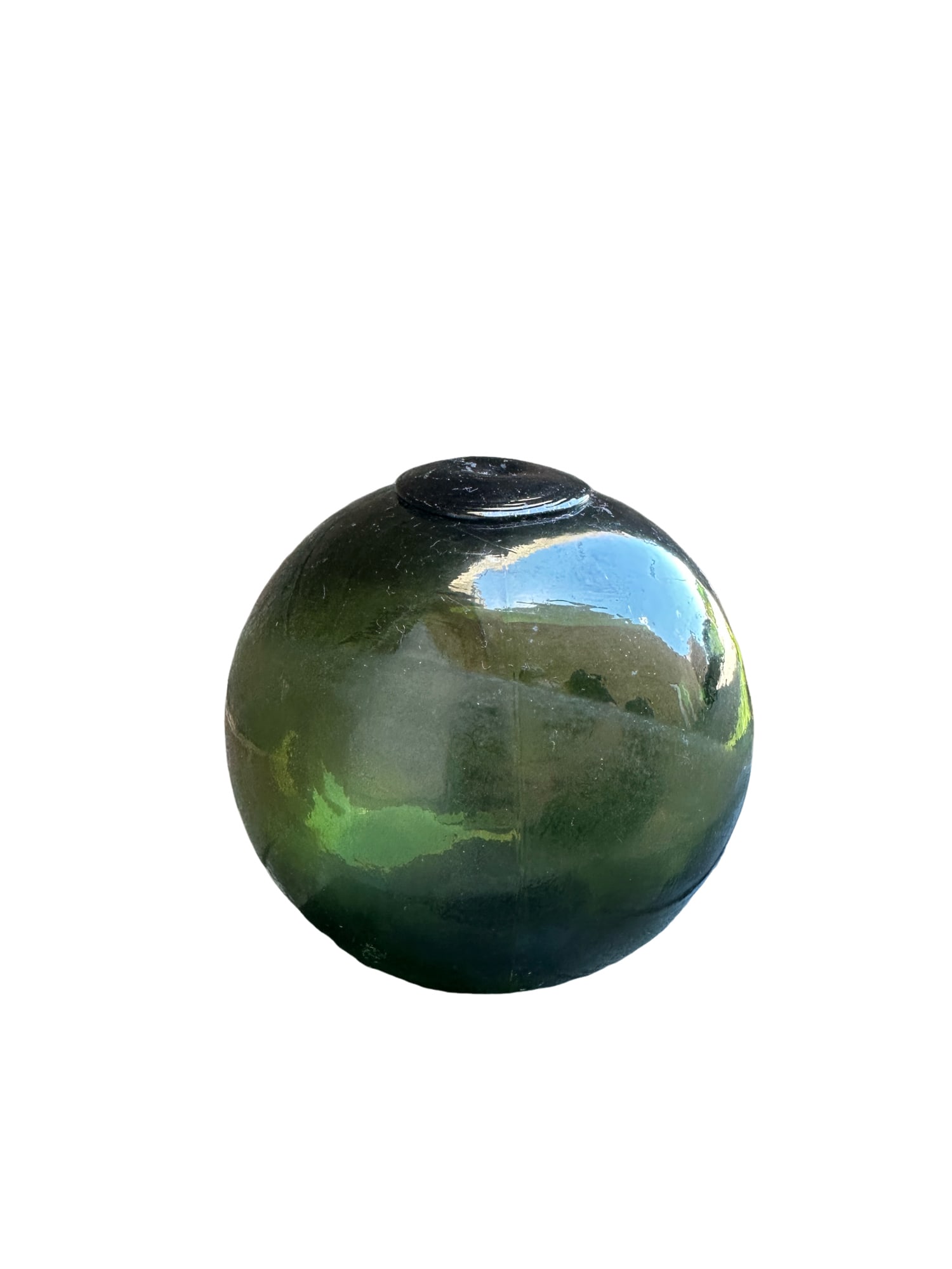 Antique Hand-Blown Olive Green Glass Fishing Float: PLEASE READ:in house shipping within the US If you win this item, please select self arranged for inhouse shipping when paying invoice A Antique hand-blown glass fishing float in a rich olive green