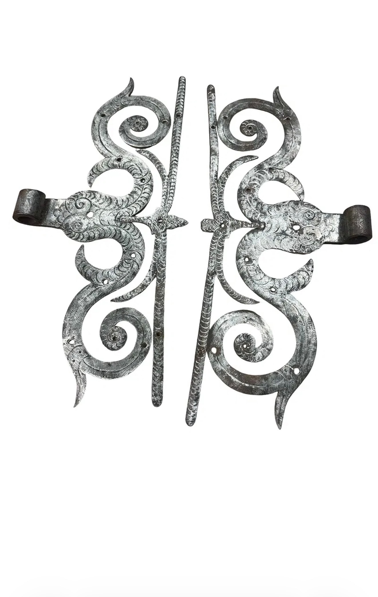 Pair of Wrought Iron Ram's Horn Hinges: PLEASE READ: in house shipping If you win this item, please select self arranged for in house shipping when paying invoice Measurements in photos