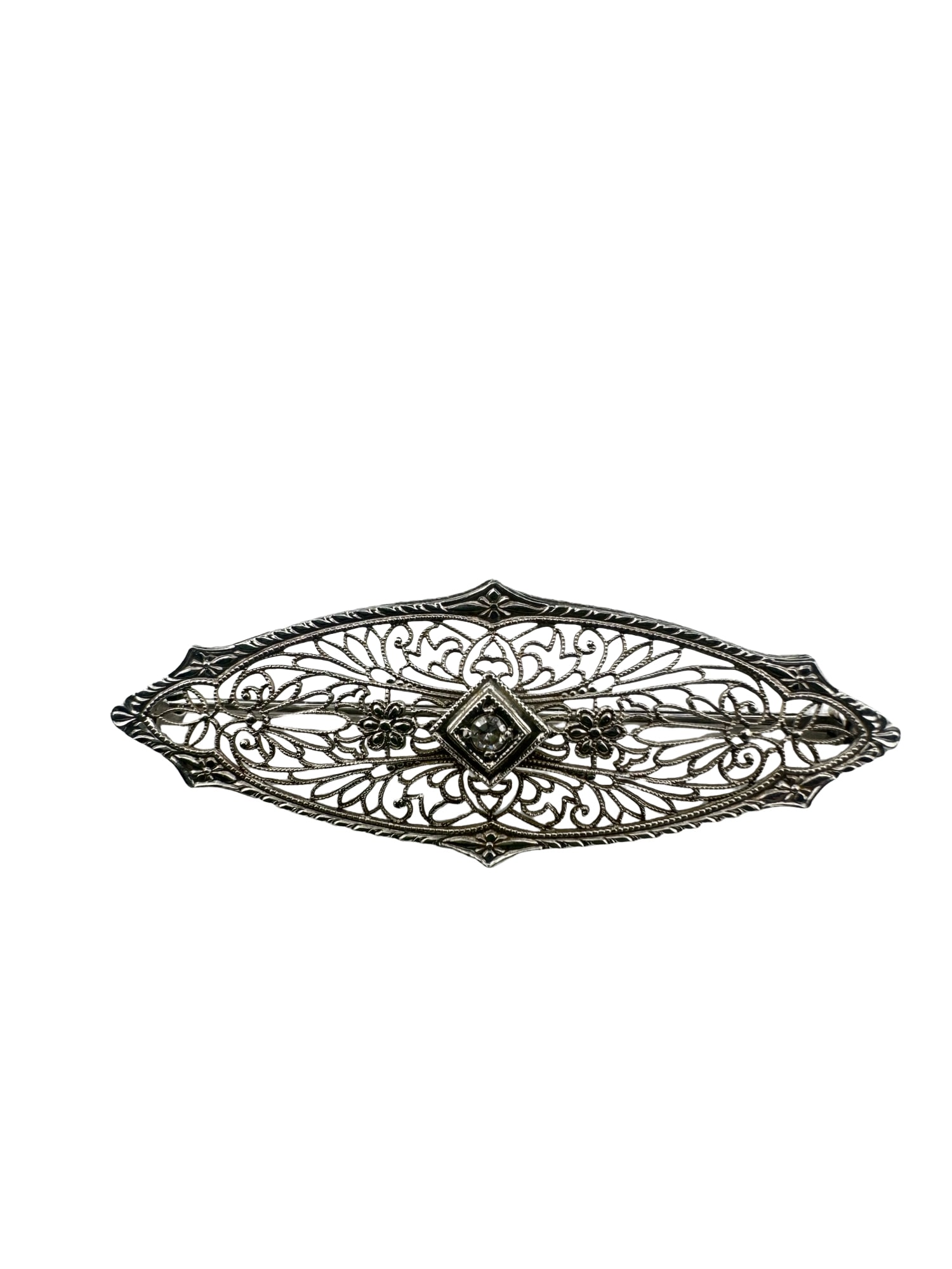 Vintage 14k White Gold Filigree Brooch with Diamond: PLEASE READ:In house shipping within the US. If you win this item, please select self arranged for in house shipping when paying invoice Gorgeous Vintage 14k White Gold Filigree Brooch with Diamond 1.