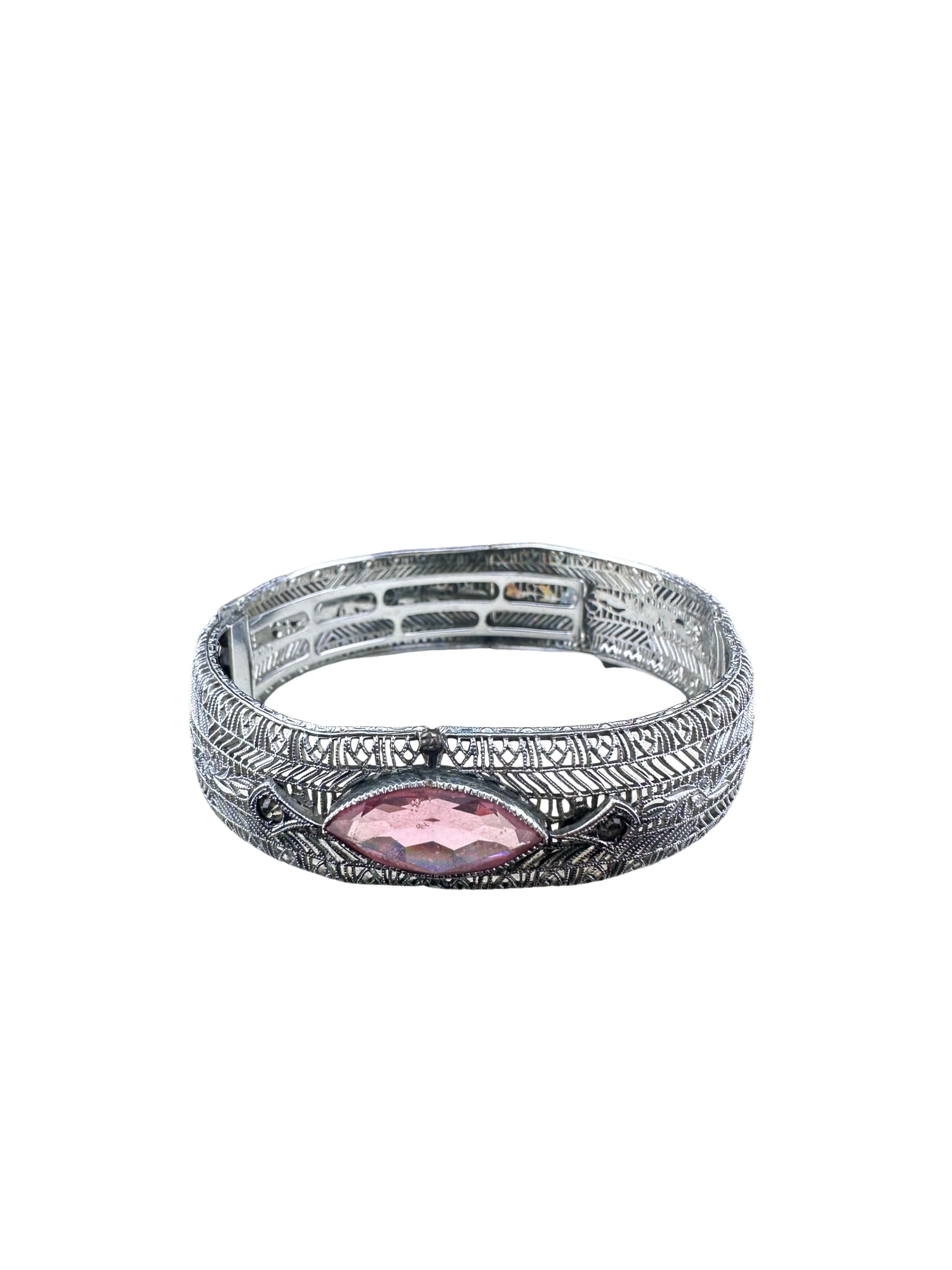 Vintage C.T. Silver Tone Filigree Hinged Bangle Bracelet w/ Pink Marquise Rhinestone (1 of 7)