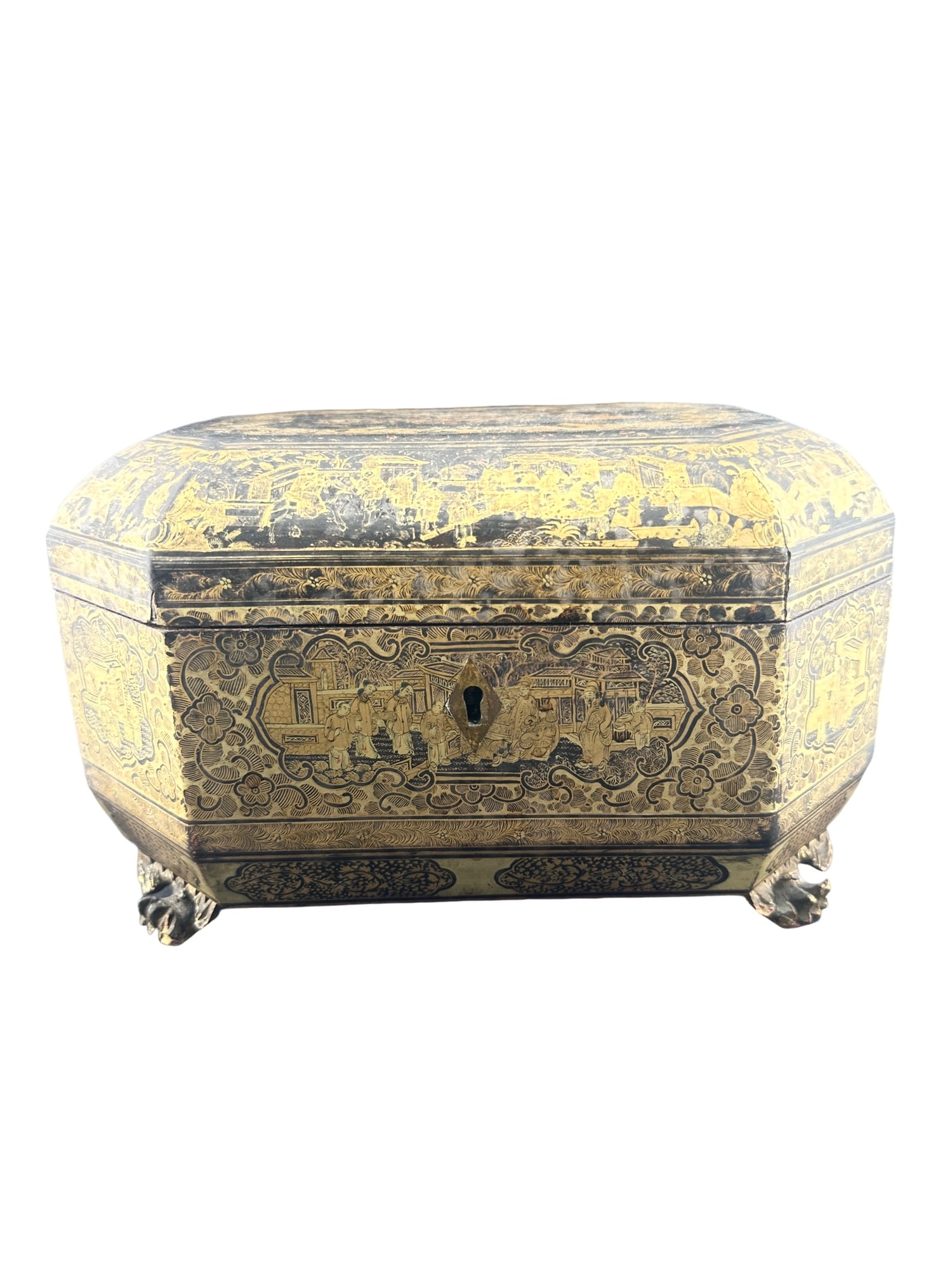 A 19th Century Chinese Chinoiserie Lacquered Tea Caddy: PLEASE READ:In house shipping within the US. If you win this item, please select self arranged for in house shipping when paying invoice A 19th century Chinese chinoiserie lacquered tea caddy Descript