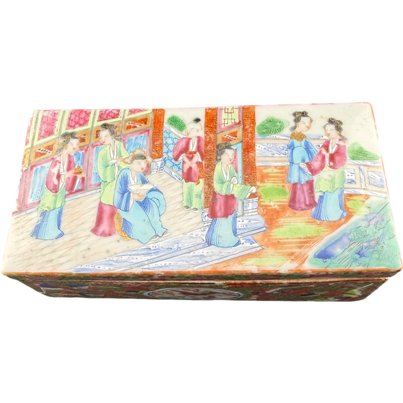 19th Century Chinese Famille Rose Antique Export Ware Porcelain Box - Letter/Pen Box: PLEASE READ: In house shipping within the US. If you win this item, please select self arranged for in house shipping when paying invoice 2.5"H x 7.5"L x 3.75"W