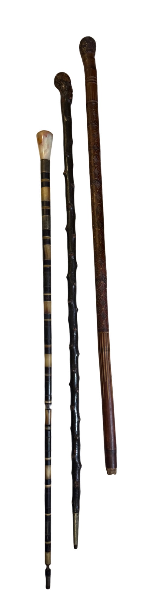Set of 3 Vintage Canes - Blackthorn Wood, Stacked Horn, and Carved Bamboo: **OUT OF HOUSE SHIPPING Set of 3 Vintage Canes - Blackthorn Wood, Stacked Horn, and Carved Bamboo Blackthorn: 37"L Stacked Horn: 35"L Carved Bamboo: 34"L