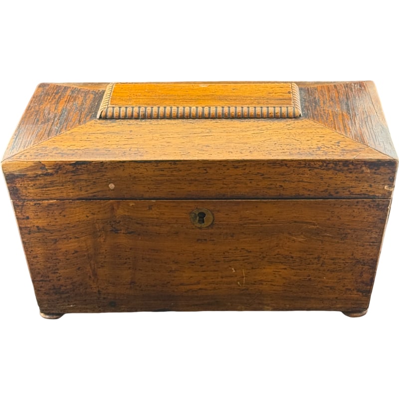 19th Century Rosewood Footed Tea Caddy: PLEASE READ: in house shipping within the US If you win this item, please select self arranged for in house shipping when paying invoice Due to the high cost of tea during this period, tea was a luxur