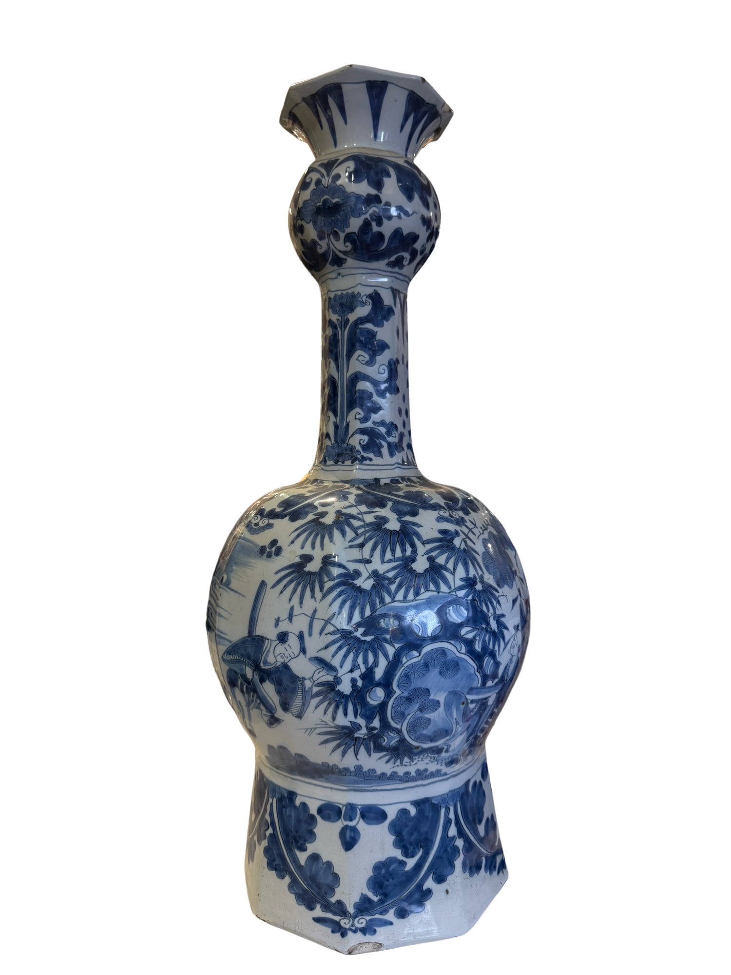 Antique Gerrit Pietersz Kam Dutch Delft Octagonal Bottle Shaped Vase: **OUT OF HOUSE SHIPPING Antique Gerrit Pietersz Kam Dutch Delft Octagonal Bottle Shaped Vase 24"L x 10"W GK monogram for Gerrit Pietersz Kam of Drie Postelyne Astonne Factory, or De Paeuw Factory.