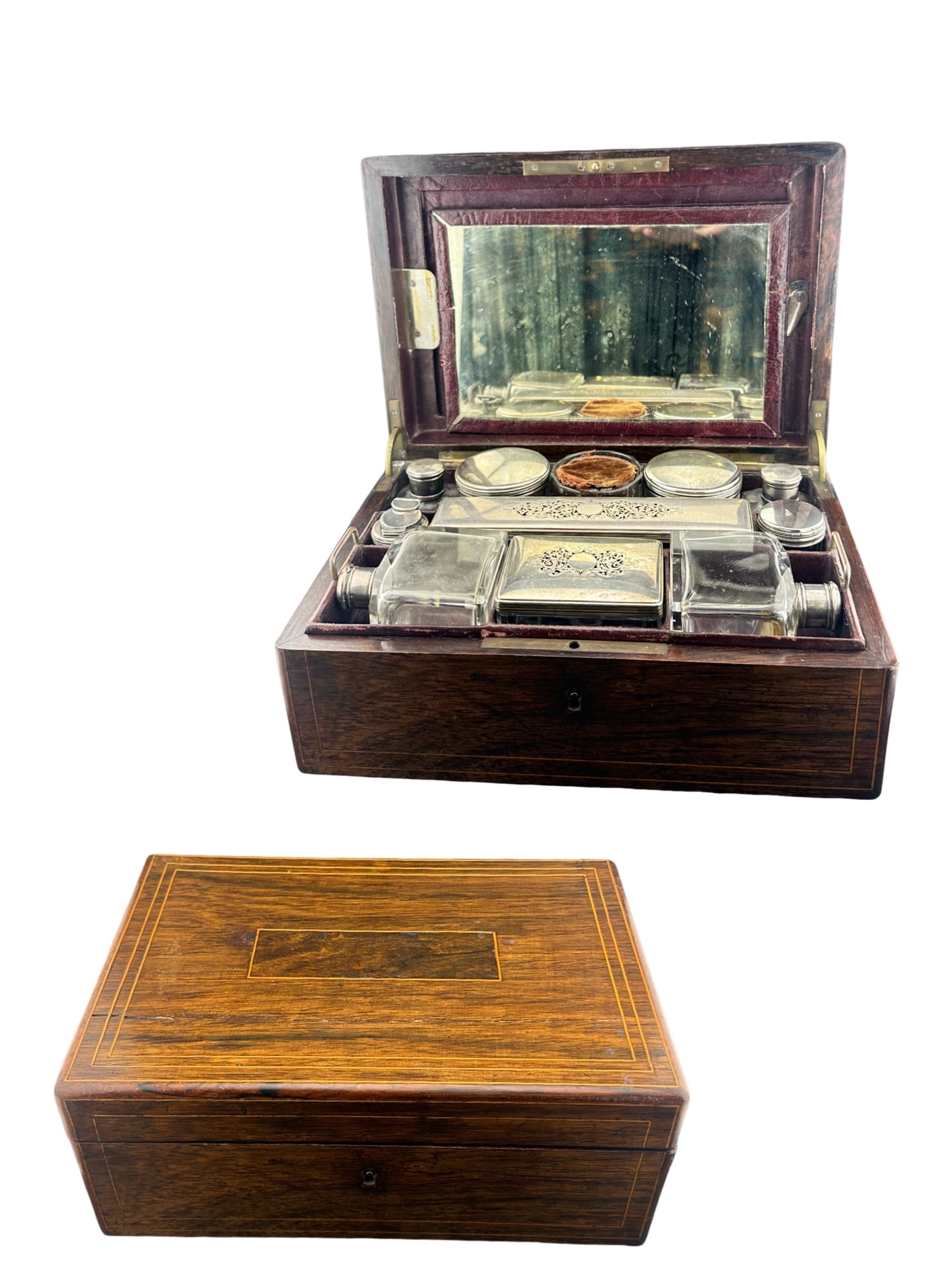 Victorian Gentleman’s Traveling Dressing Case Vanity Box with William Nolan Sterling Silver mounts: PLEASE READ:In house shipping within the US.If you win this item, please select self arranged for in house shipping when paying invoice An exceptional late Victorian gentleman’s traveling dressing c