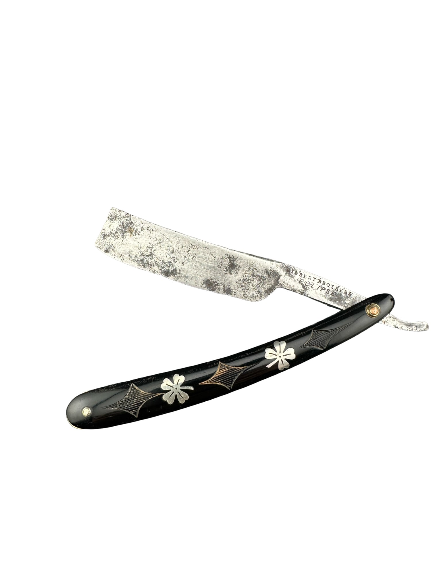 Antique Gilbert Brothers “Eclipse”Straight Razor Black Horn four leaf clover Inlaid Handle (1 of 5)