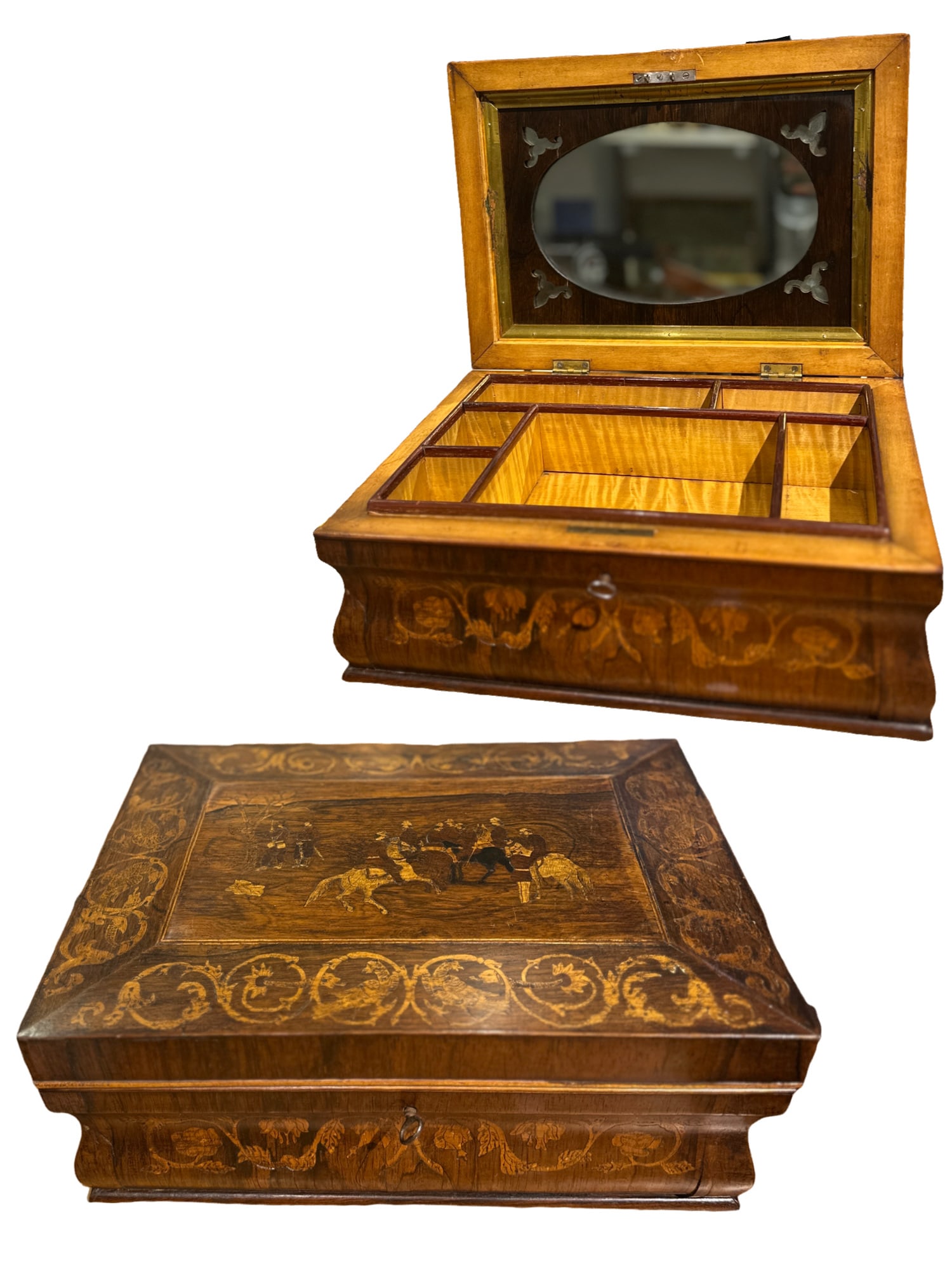 Large Antique Continental Marquetry Inlaid Jewelry Casket/box with Equestrian Hunt Scene & Key (1 of 13)