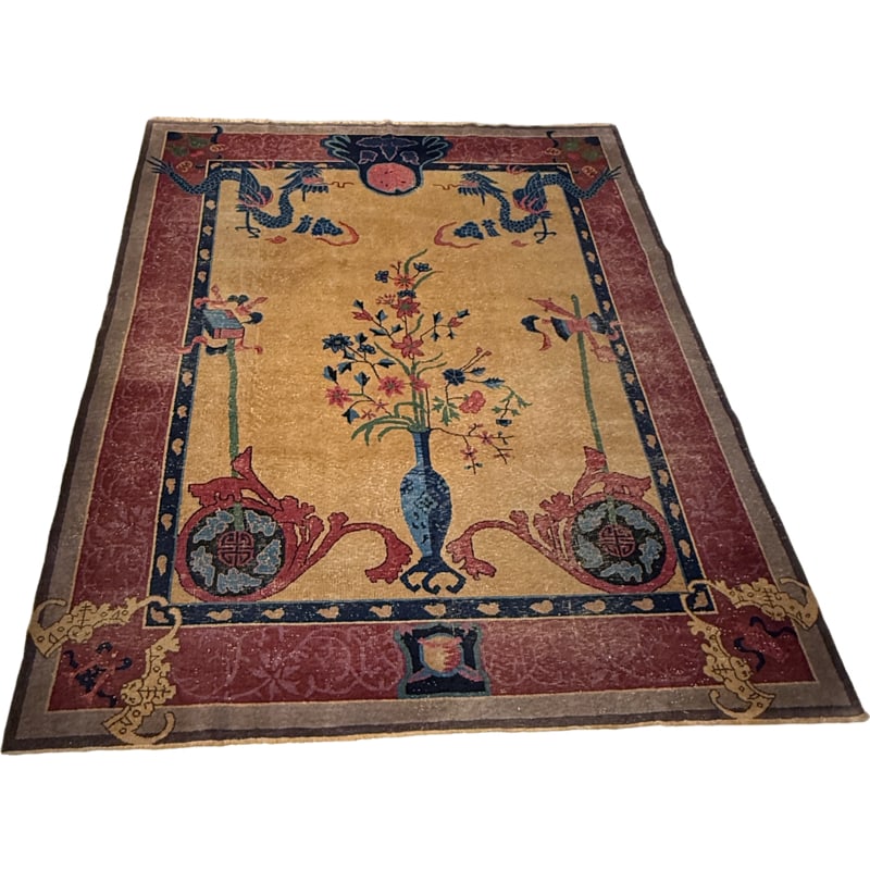 Antique IndoChinese Art Deco Rug with Dragons and Flowers: PLEASE READ: in house shipping within the US If you win this item, please select self arranged for in house shipping when paying invoice 9'10" x 8'