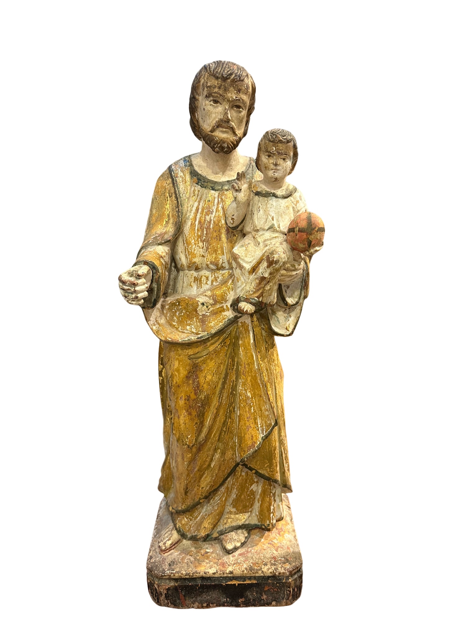 LARGE Antique Polychrome & Gilt Carved Wood Figure of St. Joseph and Christ Child (1 of 12)