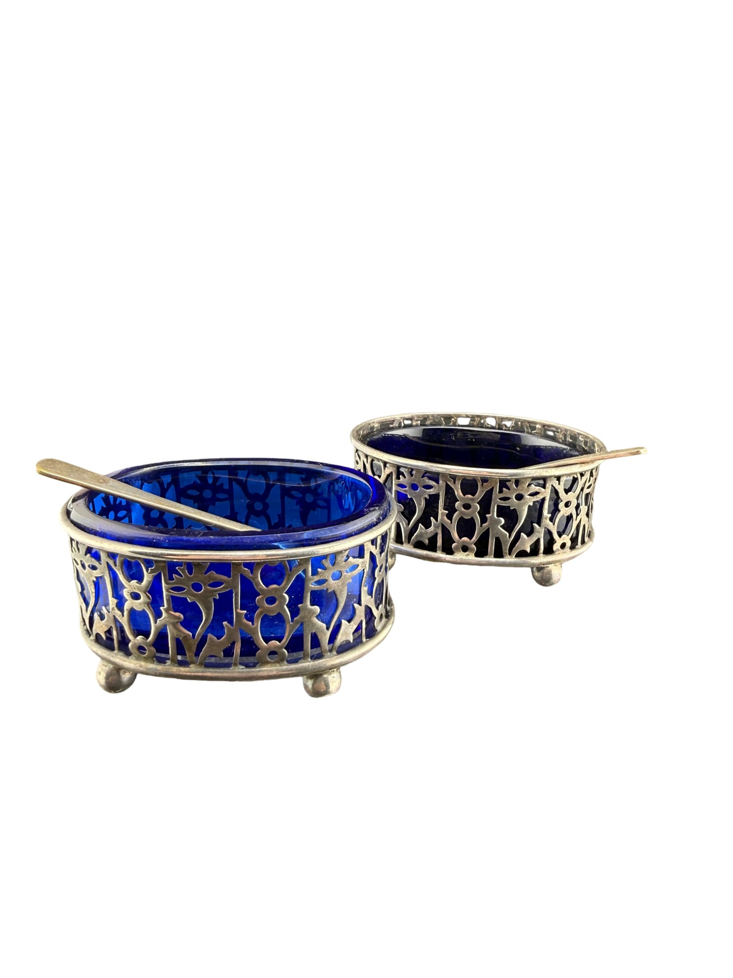 Sterling Silver and Cobalt Blue Glass Salt Cellars with Spoons (1 of 9)