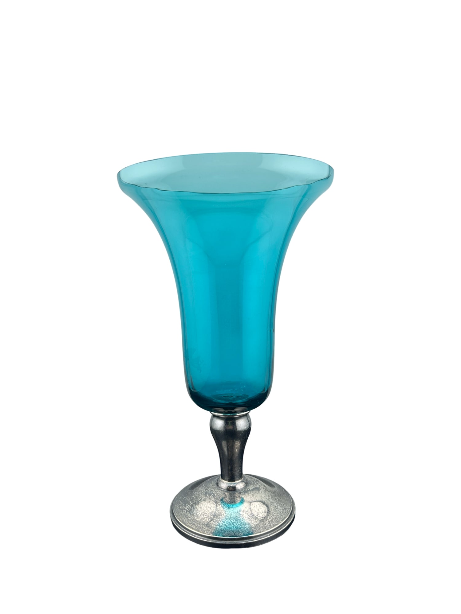 Vintage Gorham Weighted Sterling Silver Trumpet Vase with Teal Blue Glass: PLEASE READ:In house shipping within the US.If you win this item, please select self arranged for in house shipping when paying invoice Vintage Gorham Weighted Sterling Silver Trumpet Vase with Teal B