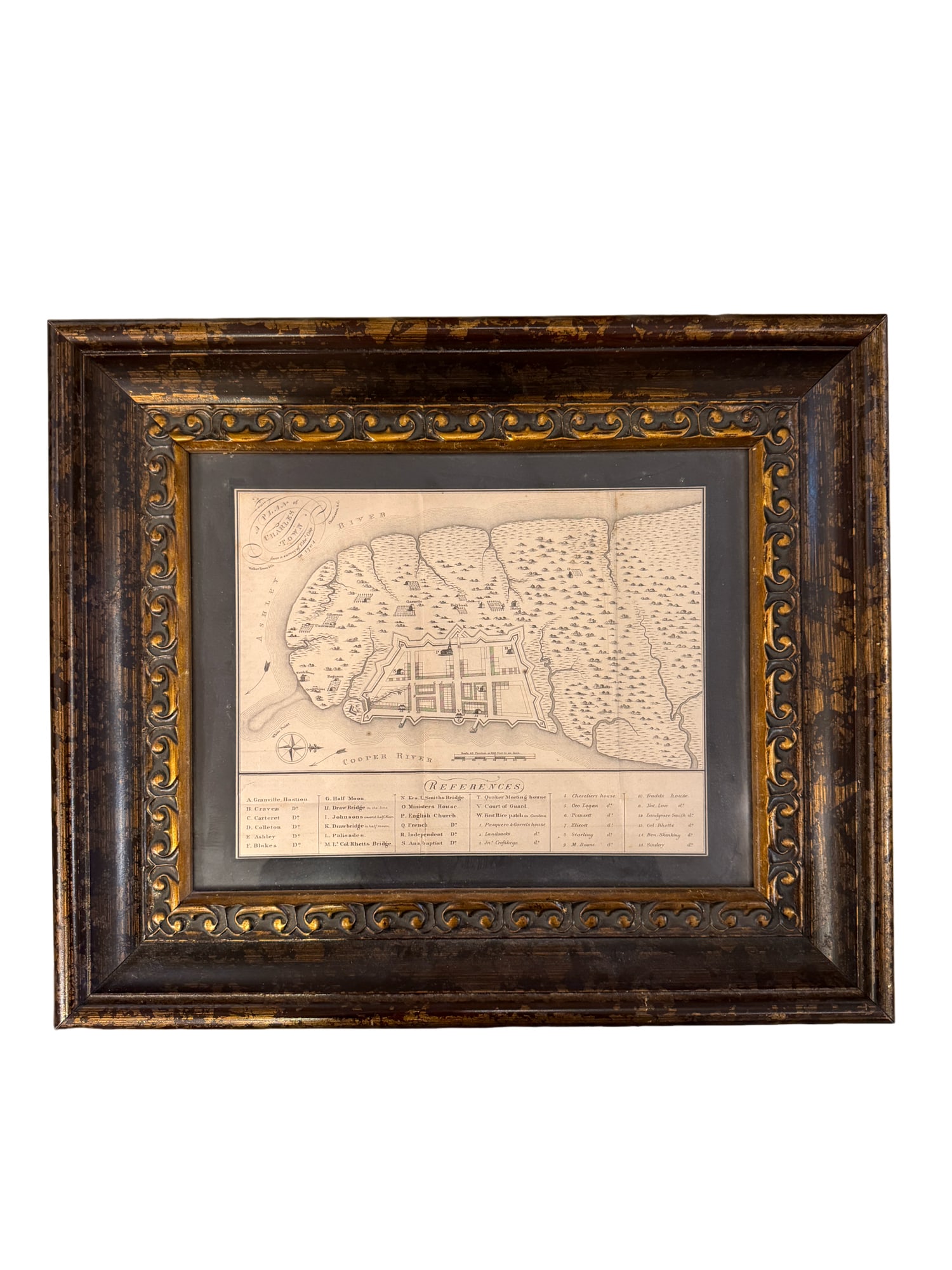 Antique Reproduction of "A Plan of Charles Town from a Survey of Edwd. Crisp in 1704" by James Akin: **OUT OF HOUSE SHIPPING Beautifully Framed Antique Reproduction of "A Plan of Charles Town from a Survey of Edwd. Crisp in 1704" by James Akin Framed 19"W x 16"L Sight: 11.5"W x 9"L