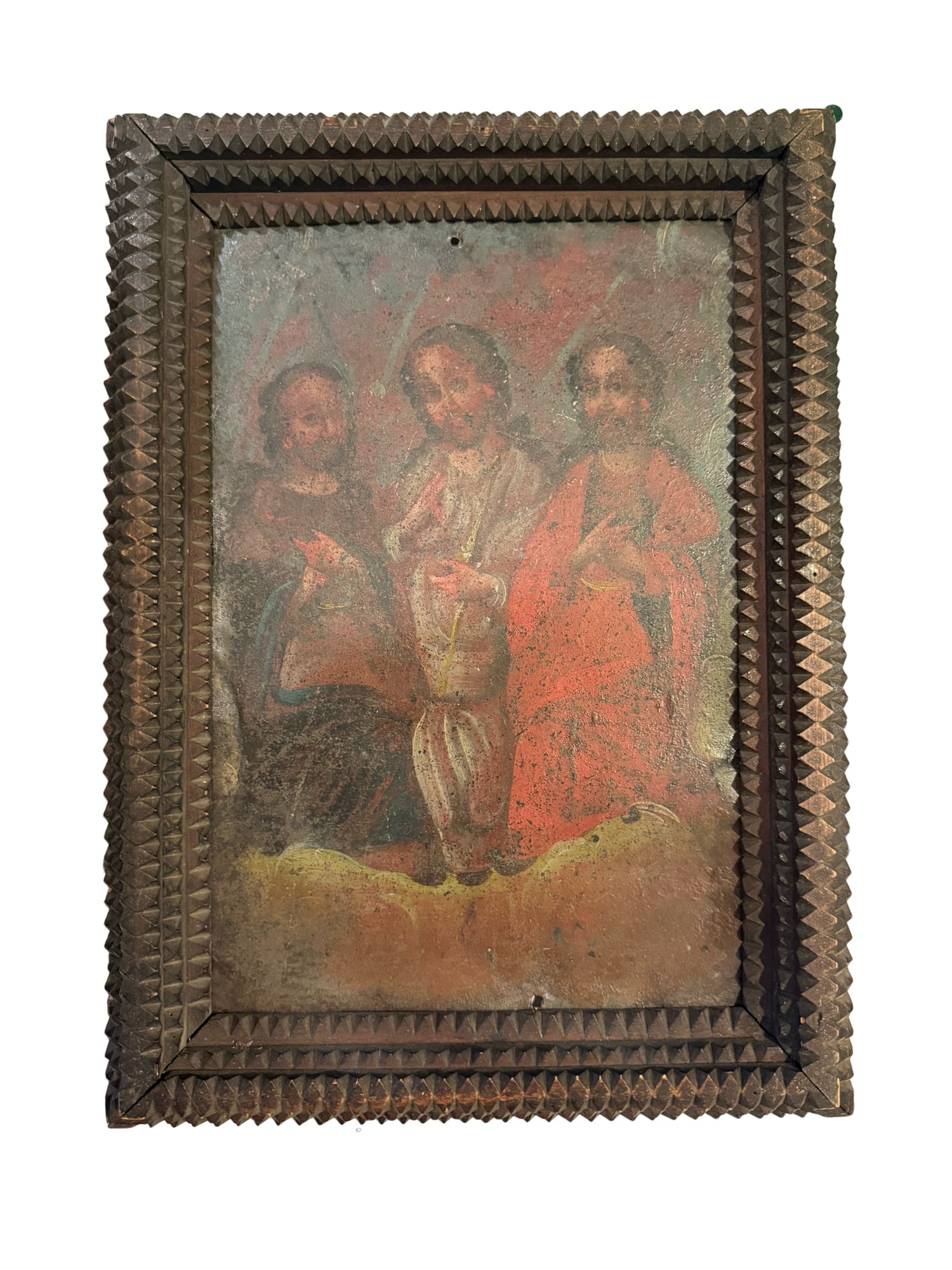19th Century Mexican Folk Art of Holy Trinity on Tin: PLEASE READ: in house shipping within the US If you win this item, please select self arranged for inhouse shipping when paying invoice Beautifully framed 19th Century Mexican Folk Art of Holy Trinity