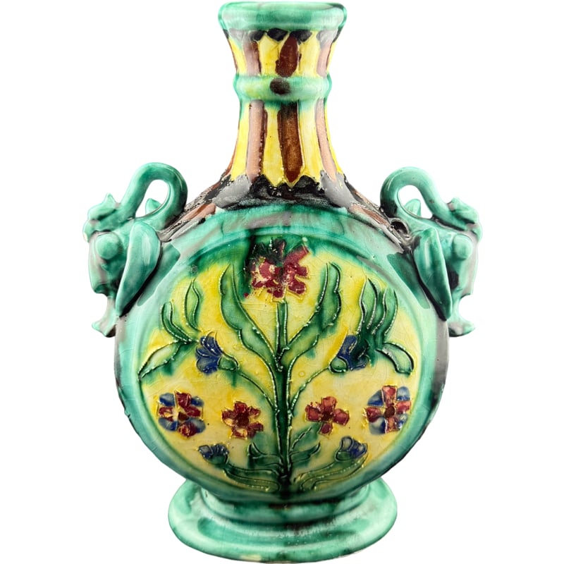 Majolica Flask Vase with Bird Figure Handles -: PLEASE READ: in house shipping within the US If you win this item, please select self arranged for in house shipping when paying invoice Majolica Flask Vase with Bird Figure Handles 8.5"H x 6.5"L