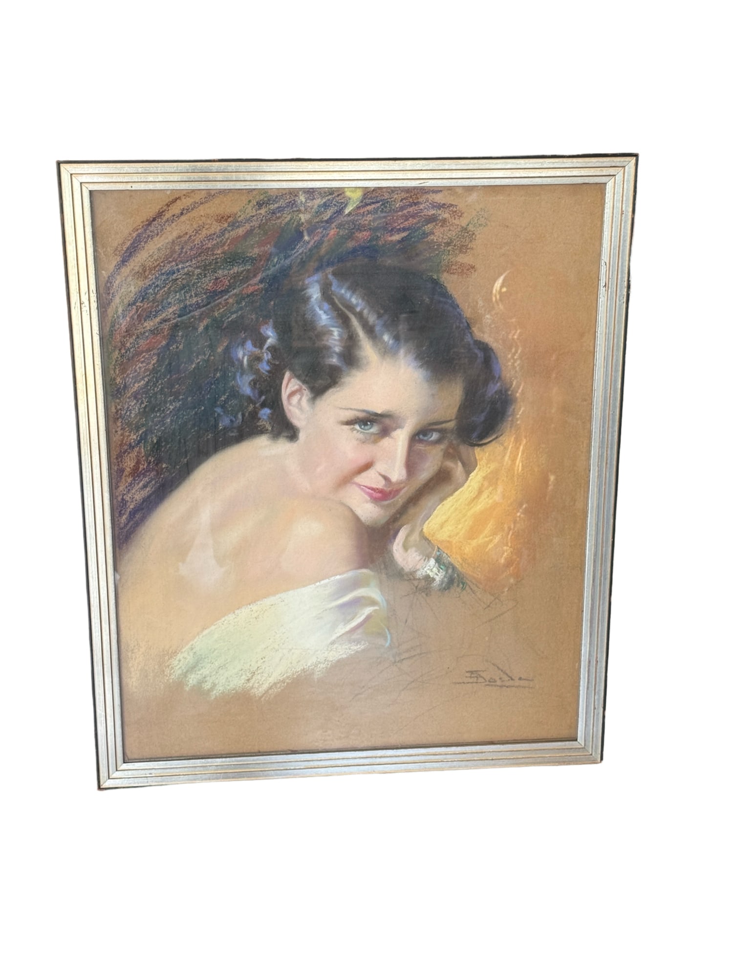 1930s "Woman Contemplating" Framed Original Pastel by E. Dozda Signed: **OUT OF HOUSE SHIPPING 1930s Art Deco "Woman Contemplating" Framed Original Pastel by E. Dozda Signed 20" x 24" Very vivid and beautiful in person