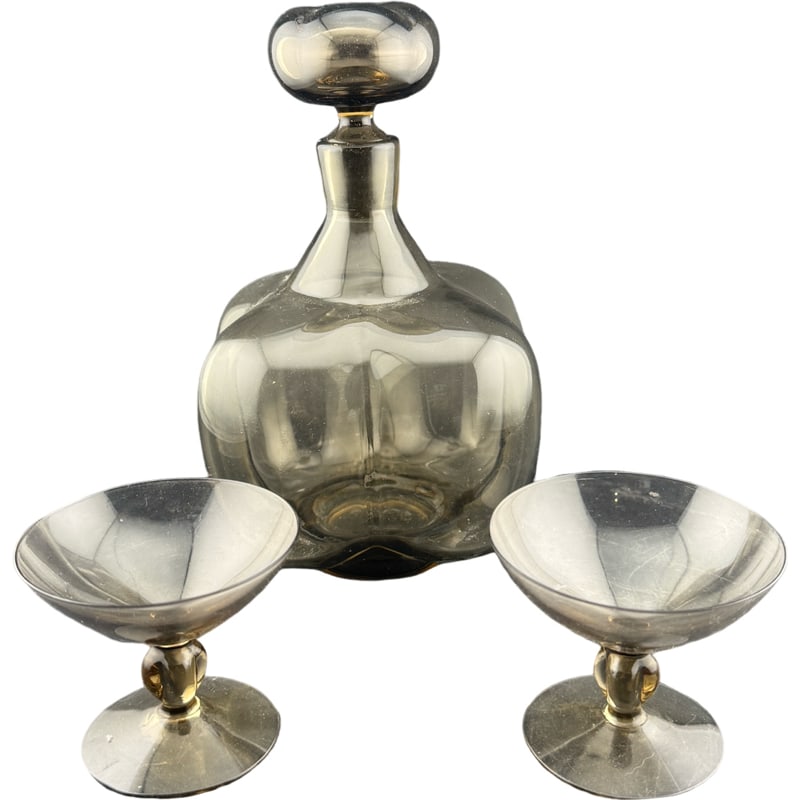 Vintage MCM Orrefors Blown Smokey Glass Decanter with Two Glasses: PLEASE READ: in house shipping within the US If you win this item, please select self arranged for in house shipping when paying invoice Orrefors glassworks is a staple of vintage crystal and art