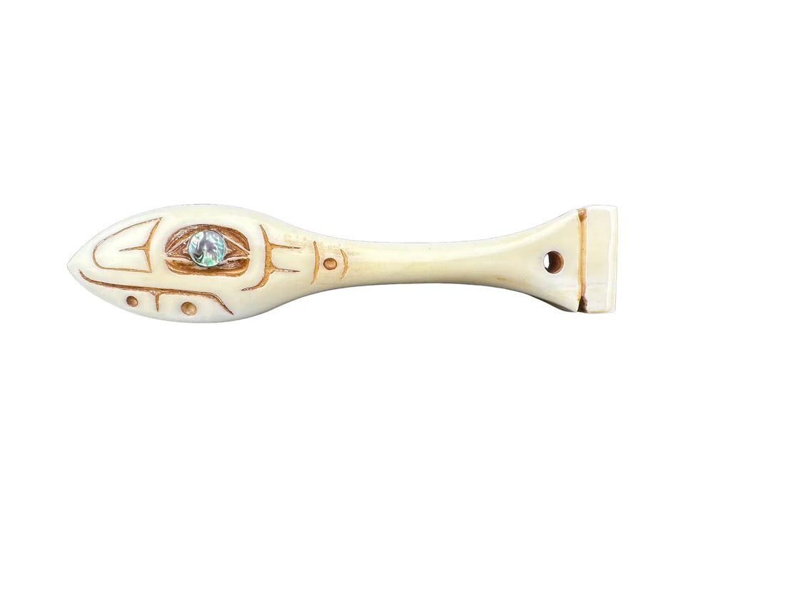 Inuit Handmade Bone Carved fish? brooch signed: PLEASE READ: in house shipping within the US If you win this item, please select self arranged for inhouse shipping when paying invoice Inuit Handmade Bone Carved fish? 4"lx.5"w