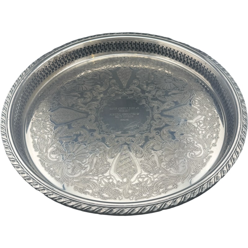 Mayor Joseph P Riley Jr - SilverPlate Oneida Tray With Scroll Etching Raised Rim Pierced (1 of 4)