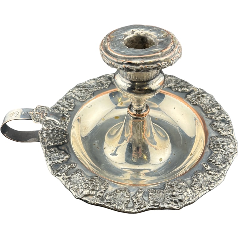 Victorian Silver Plated Chamberstick Candle Holder With Grape Design - Historical Charleston Estate: PLEASE READ: In house shipping within the US. If you win this item, please select self arranged for in house shipping when paying invoice From the estate of Joseph P. Riley, Former Mayor of Charleston