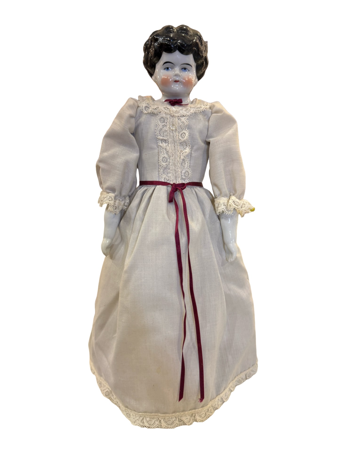 Antique German China Doll with Cloth Body on Stand (1 of 2)