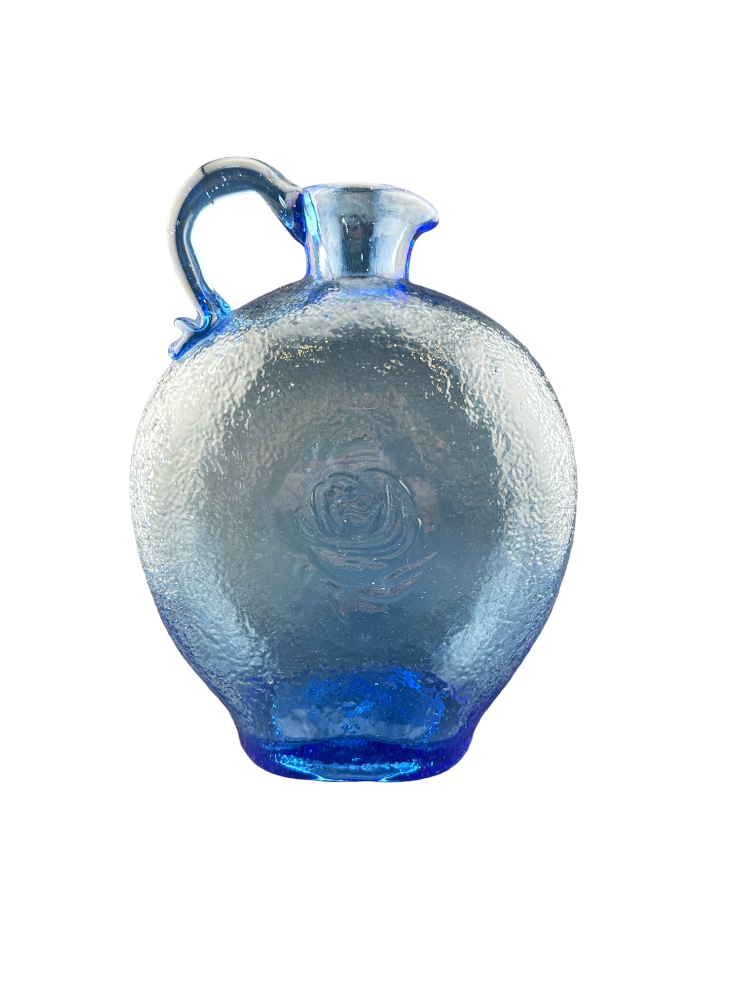 Vintage Blue Textured Art Glass Pitcher with Embossed Rose (1 of 6)